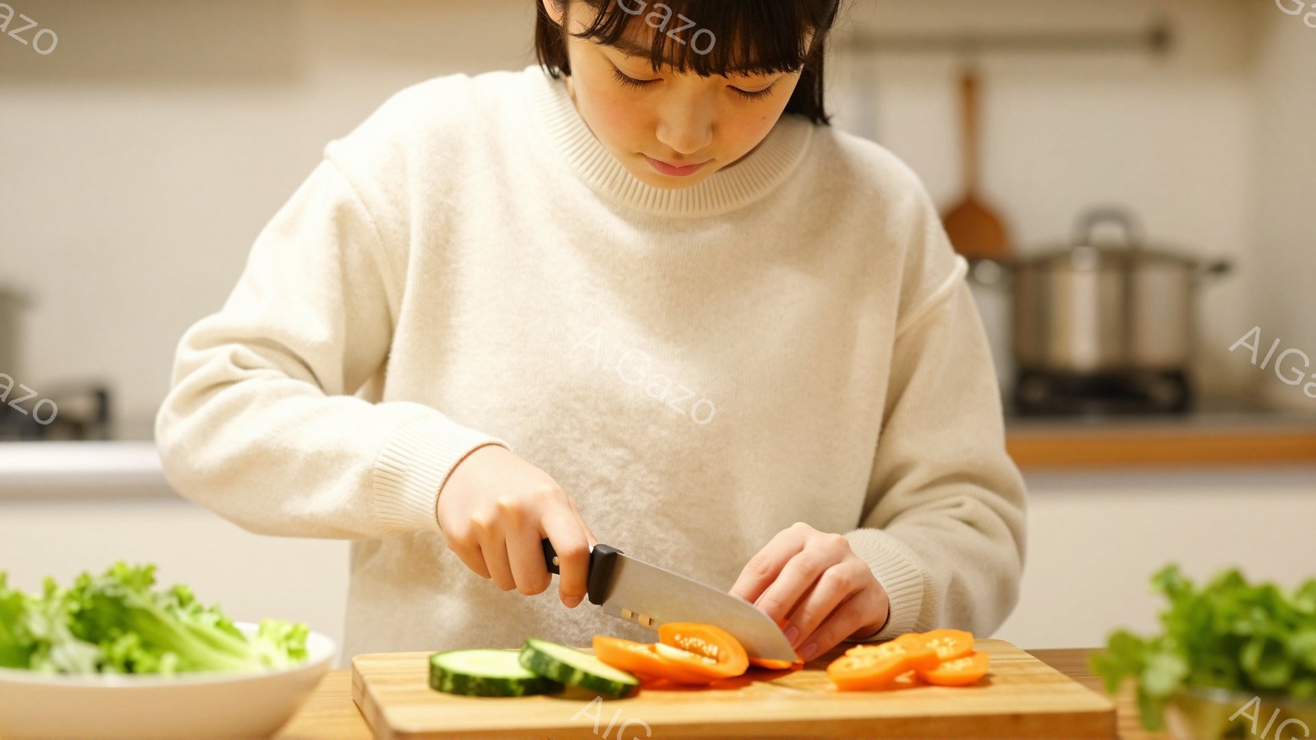 若い女性がキッチンで野菜を切っています。彼女はベージュのセーターを着ており、前髪を下ろした髪型です。まな板の上にはトマトとキュウリが並び、手元には包丁があります。