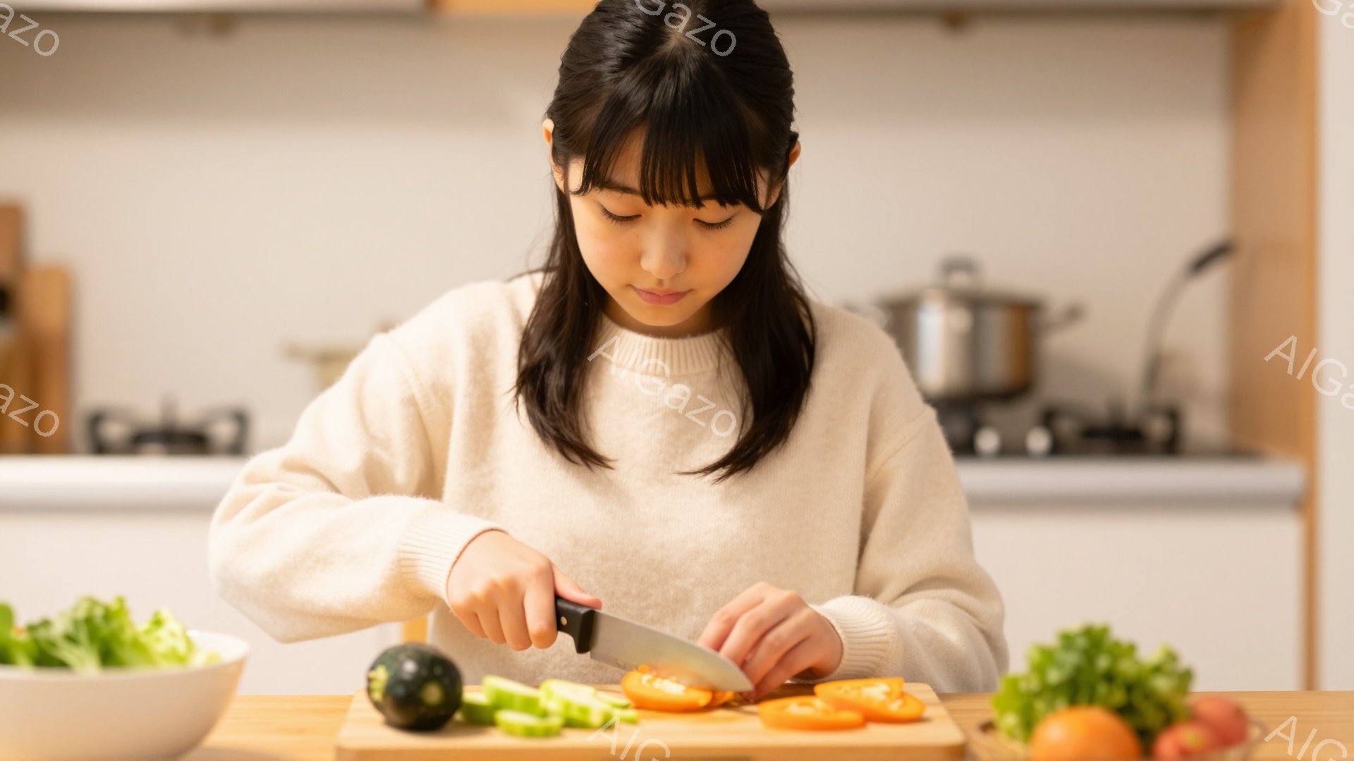 若い女性がキッチンで野菜を切っています。彼女はオフホワイトのセーターを着ており、長い黒髪を無造作に垂らしています。集中した表情で、まな板の上でトマトを細かく刻み、切った野菜はボウルに集められています。