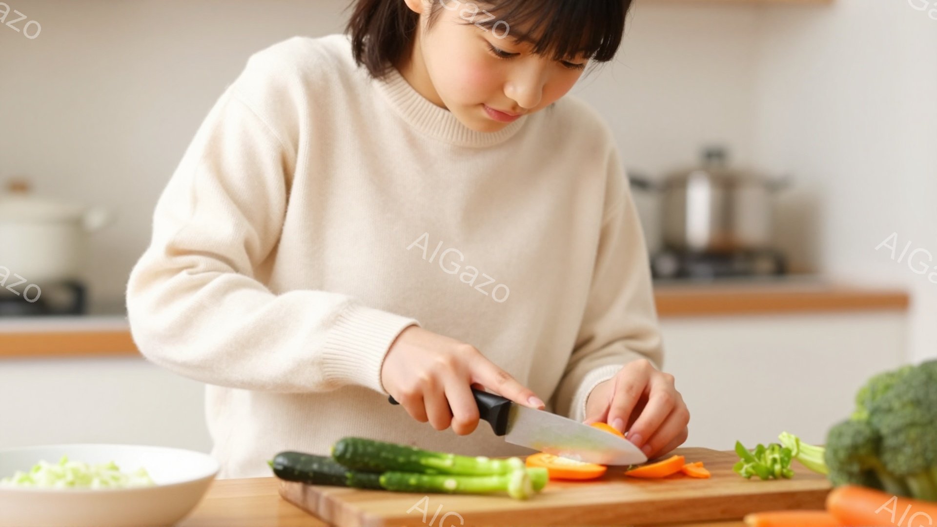若い女性がキッチンで野菜を切っています。ベージュ色のセーターを着ており、前髪を下ろした髪型で、集中した表情で作業に取り組んでいます。背景には白いキッチンキャビネットや調理器具が見え、明るく清潔な家庭的な雰囲気です。