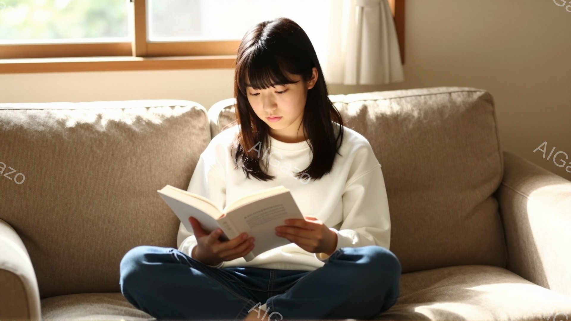 明るい部屋のソファに座った若い女性が本を読んでいます。彼女は白いセーターとデニムのズボンを身に着け、長い黒髪を耳にかけるようにしています。柔らかな光が差し込み、リラックスした穏やかな雰囲気が漂っています。