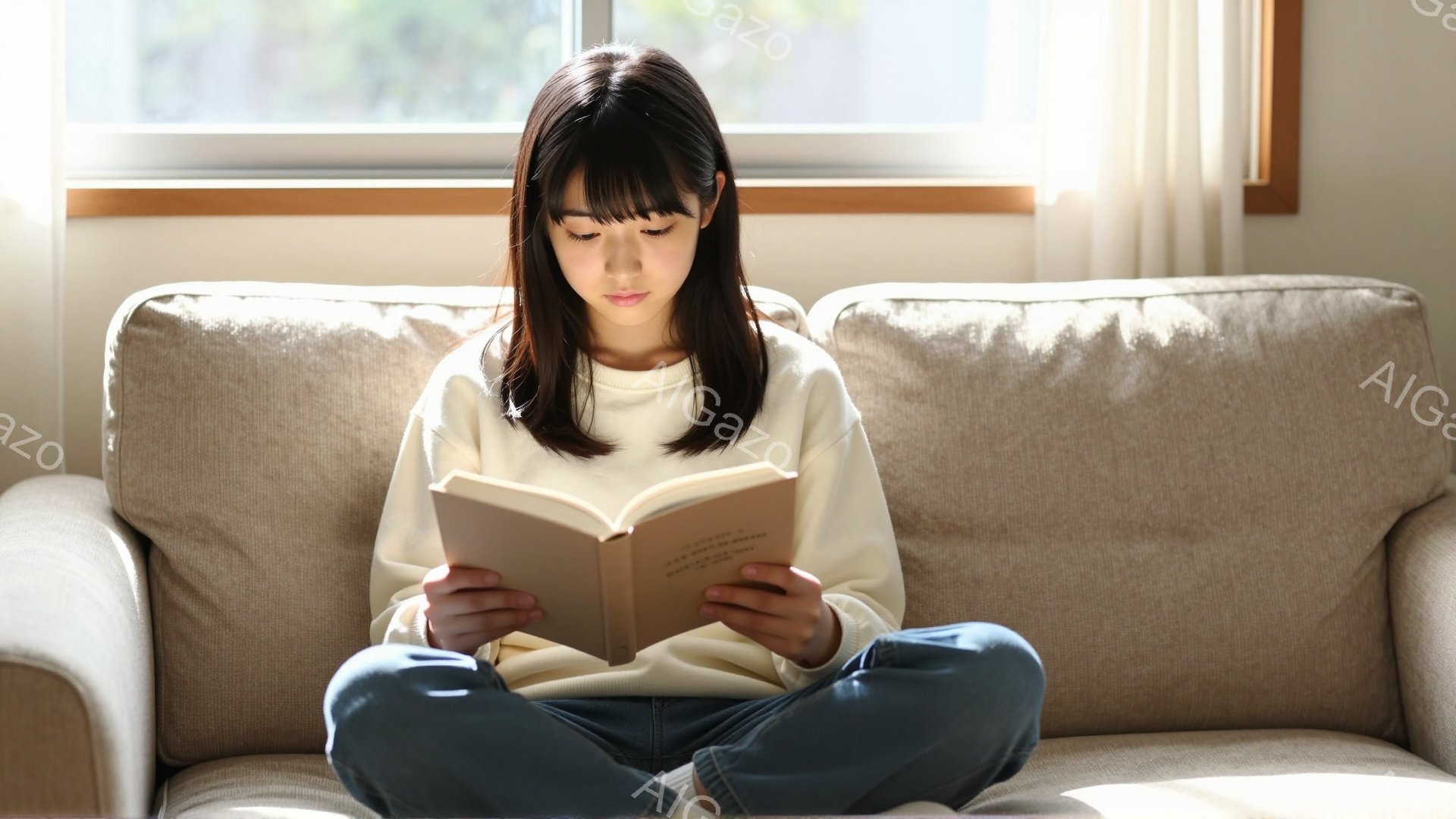 若い女性がソファに座って本を読んでいます。彼女は白いセーターとジーンズを着ており、前髪を下ろした黒髪が印象的です。日差しが差し込む室内で、リラックスした穏やかな雰囲気が漂っています。