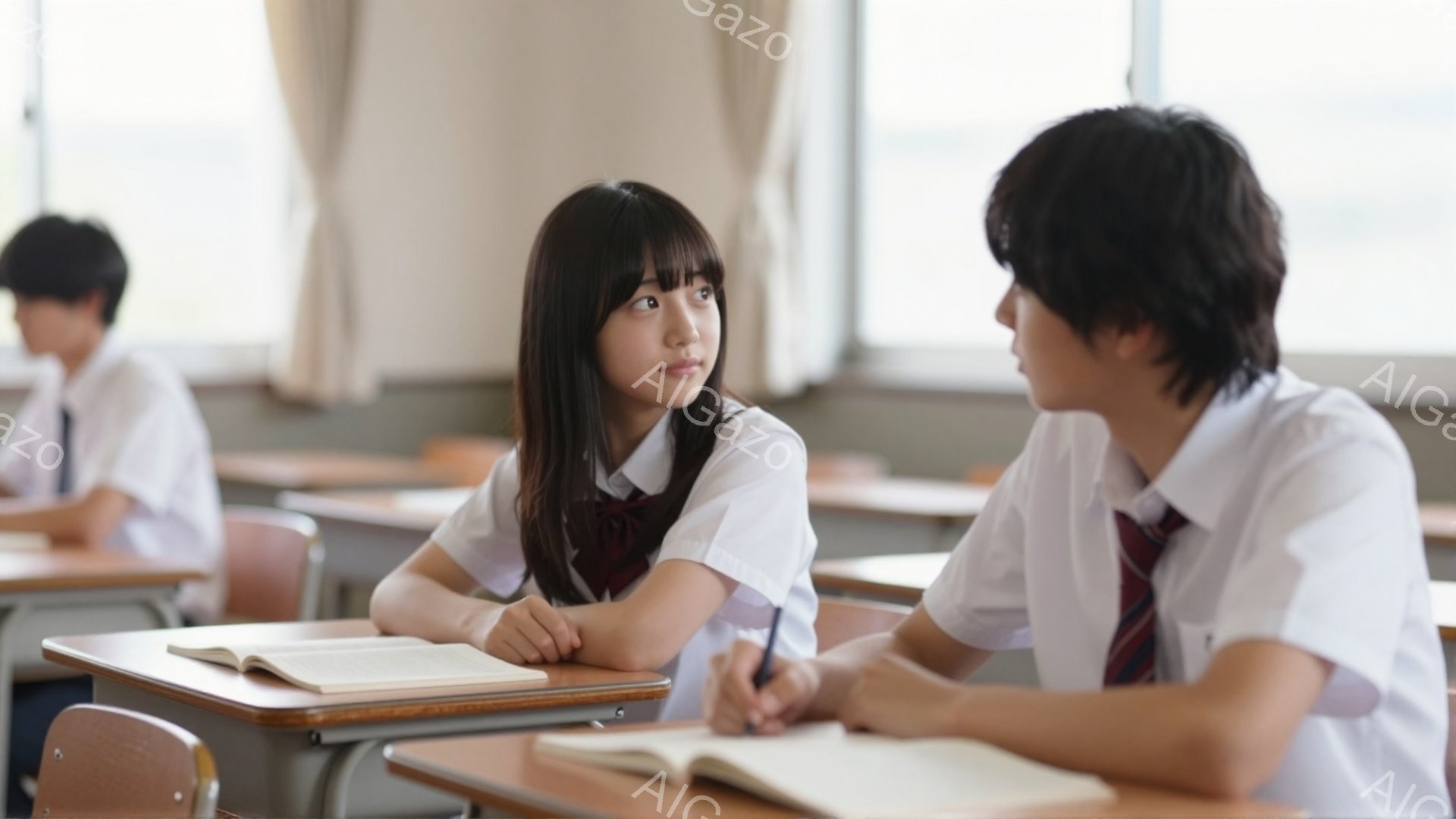 制服を着た女子生徒が、少し微笑みながら、前の席の男子生徒と話しています。彼女は黒髪で、前髪が目にかかるヘアスタイルです。教室には木製の机が並び、明るい光が窓から差し込んで、穏やかな雰囲気を醸し出しています。