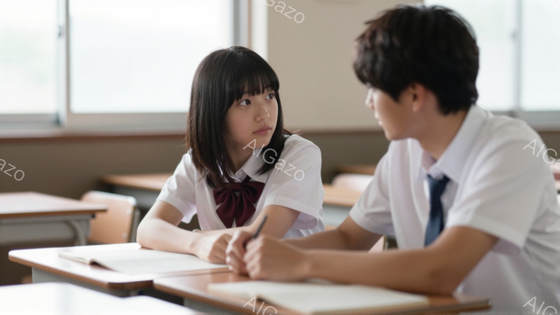 制服を着た女子生徒と男子生徒が教室で向き合って座っています。女子生徒は赤いリボンを付け、少し不機嫌そうな表情をしています。男子生徒はペンを持って何かを書き込んでおり、女子生徒の方を見ています。