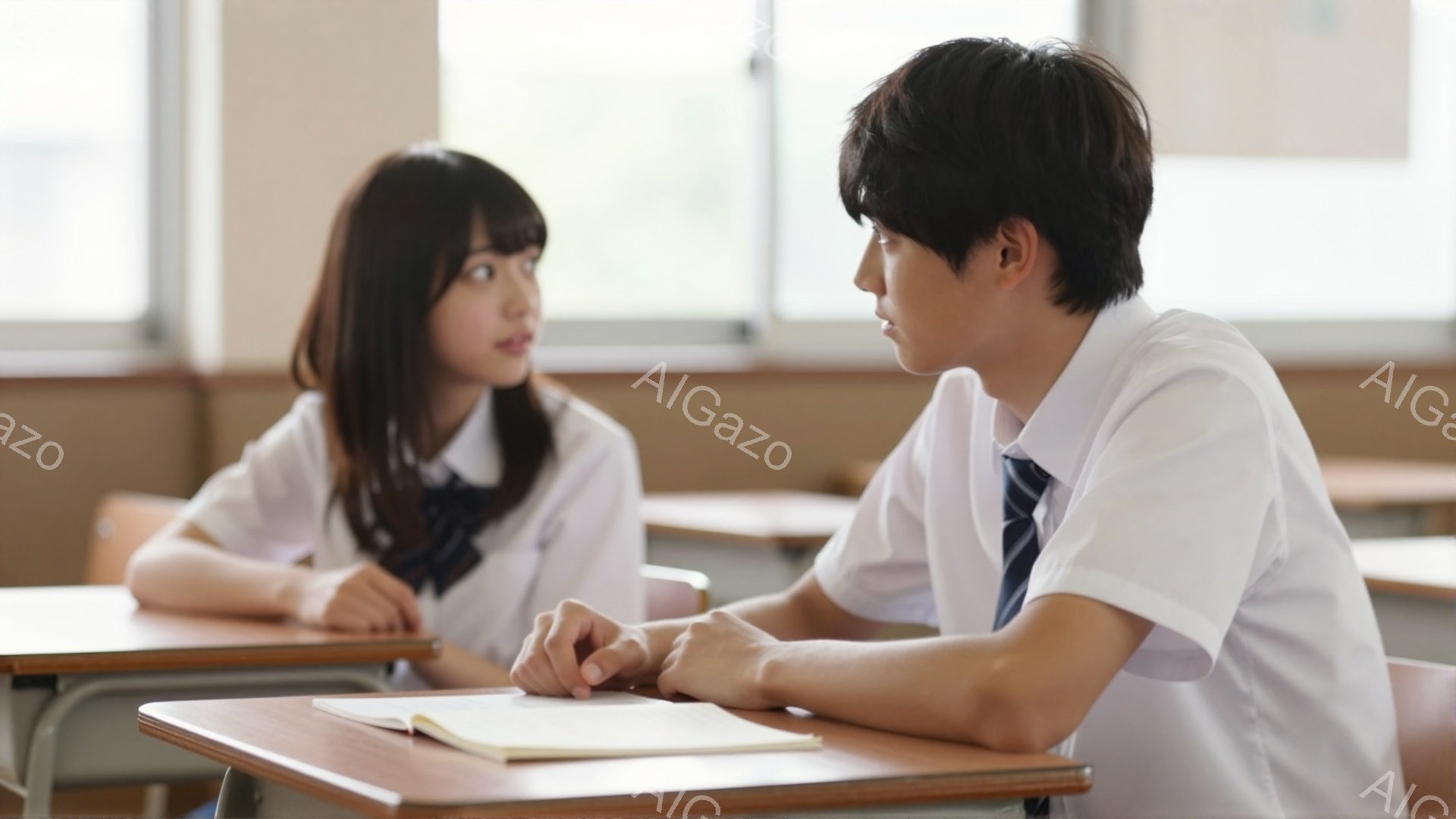 画像には、教室で机に向かい合って座っている男女の学生が写っています。女子学生は黒髪で、制服の白いシャツと紺色のスカートを着ています。男子学生は同じ制服を着ており、机の上には開いたノートがあり、互いに何かについて話している様子で、真剣な表情を浮かべています。