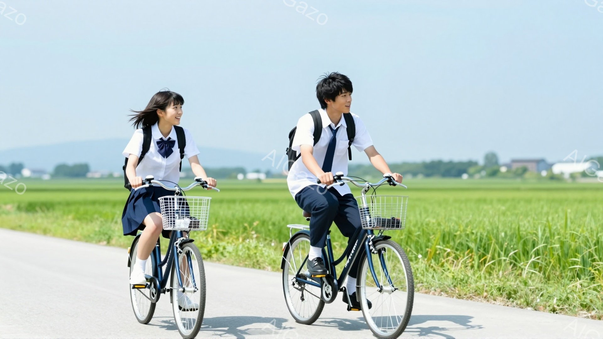制服姿の男女が自転車に乗って田舎道を走っている。女子はロングヘアを後ろでまとめ、笑顔で前を見ている。背景には緑豊かな田園風景が広がり、青空の下、爽やかな夏の日の雰囲気が感じられる。