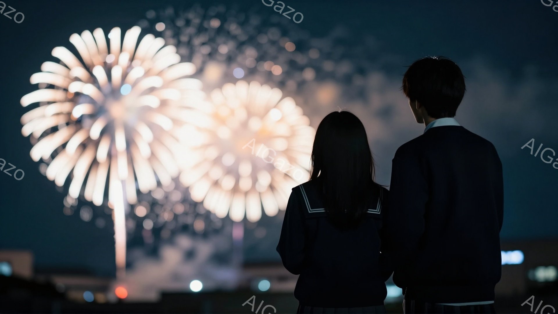 二人の学生服を着た人物が、夜空に咲く花火を見ている後ろ姿が描かれている。女性は長い髪を後ろでまとめ、男性は短髪で、共に黒い制服を着ているため、学生のようである。背景にはぼんやりと建物が見え、夜空は暗く、花火が明るく照らし出すことで、夏の夜の祭りのような、ロマンチックで静かな雰囲気が感じられる。