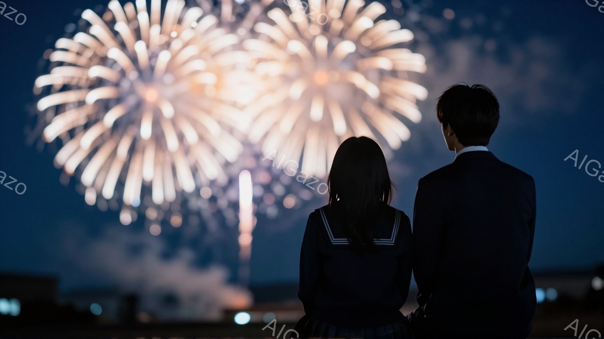 制服姿の女子高生とスーツ姿の男子が、夜空に打ち上げられた花火を見上げている様子が写っている。女子はロングヘアで、男子は短髪であり、どちらも顔ははっきりと見えない。背景は暗い夜空と、遠くに見える建物の明かりで、花火の光が二人を照らし、ロマンチックで感動的な雰囲気を醸し出している。