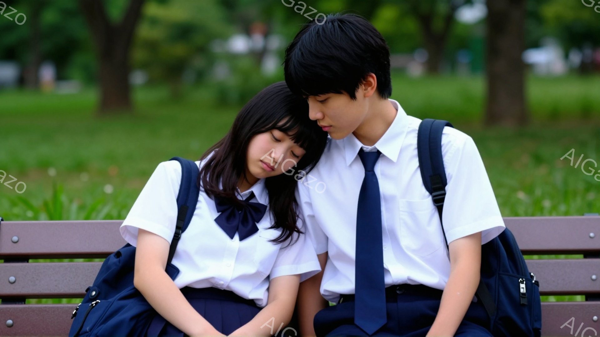 制服を着た女子高生と男子高生が公園のベンチに寄り添って座っています。女子高生は目を閉じて頭を男子高生に預け、リラックスした様子です。背景には緑豊かな木々と芝生、そして穏やかな天気が見られます。 - AI生成フリー素材