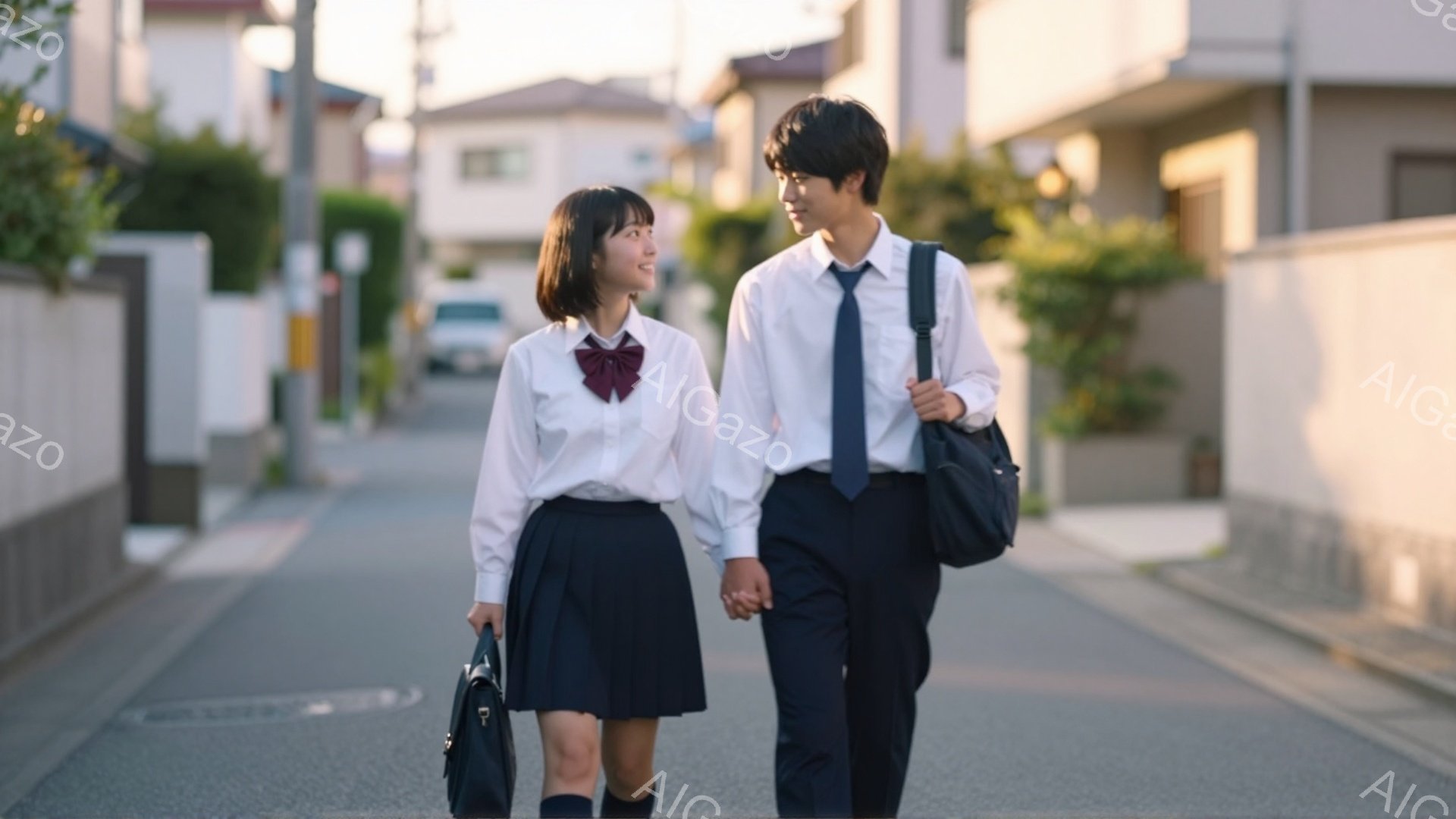 制服を着た男女が並んで歩いている。女性は黒髪のショートヘアで、赤いリボンと白いブラウス、紺色のスカートを着用し、少し微笑んでいる。男性は黒髪で、白いシャツに紺色のネクタイ、そして肩に掛けた黒いバッグを背負っている。