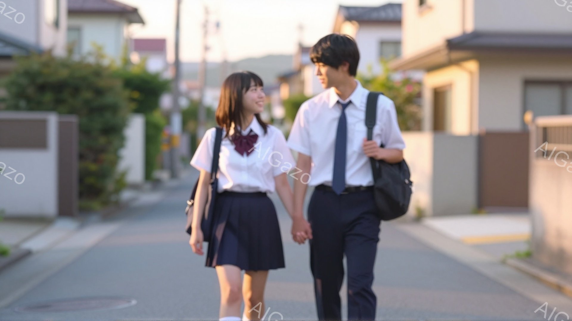制服を着た男女が手をつないで歩いている。女性は白いシャツに紺色のスカート、赤いリボンをつけ、明るい笑顔を浮かべている。背景には住宅街が広がり、夕暮れ時の柔らかい光が差し込み、穏やかで温かい雰囲気が漂っている。