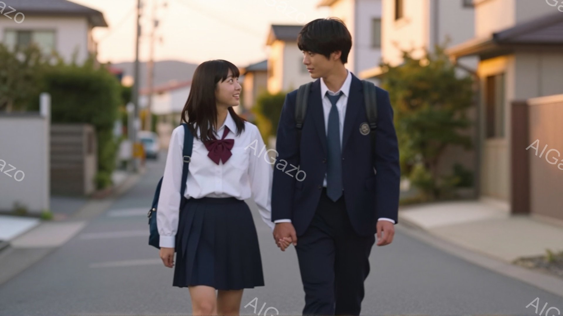 制服姿の男女が並んで歩いている。女子は白いシャツに紺色のスカート、赤いリボンを着用し、肩にかかる長さの黒髪を結んでいる。男子は紺色のブレザーにネクタイ、黒い髪で、両者は手をつないで歩き、穏やかな夕暮れ時の住宅街が背景に広がっている。