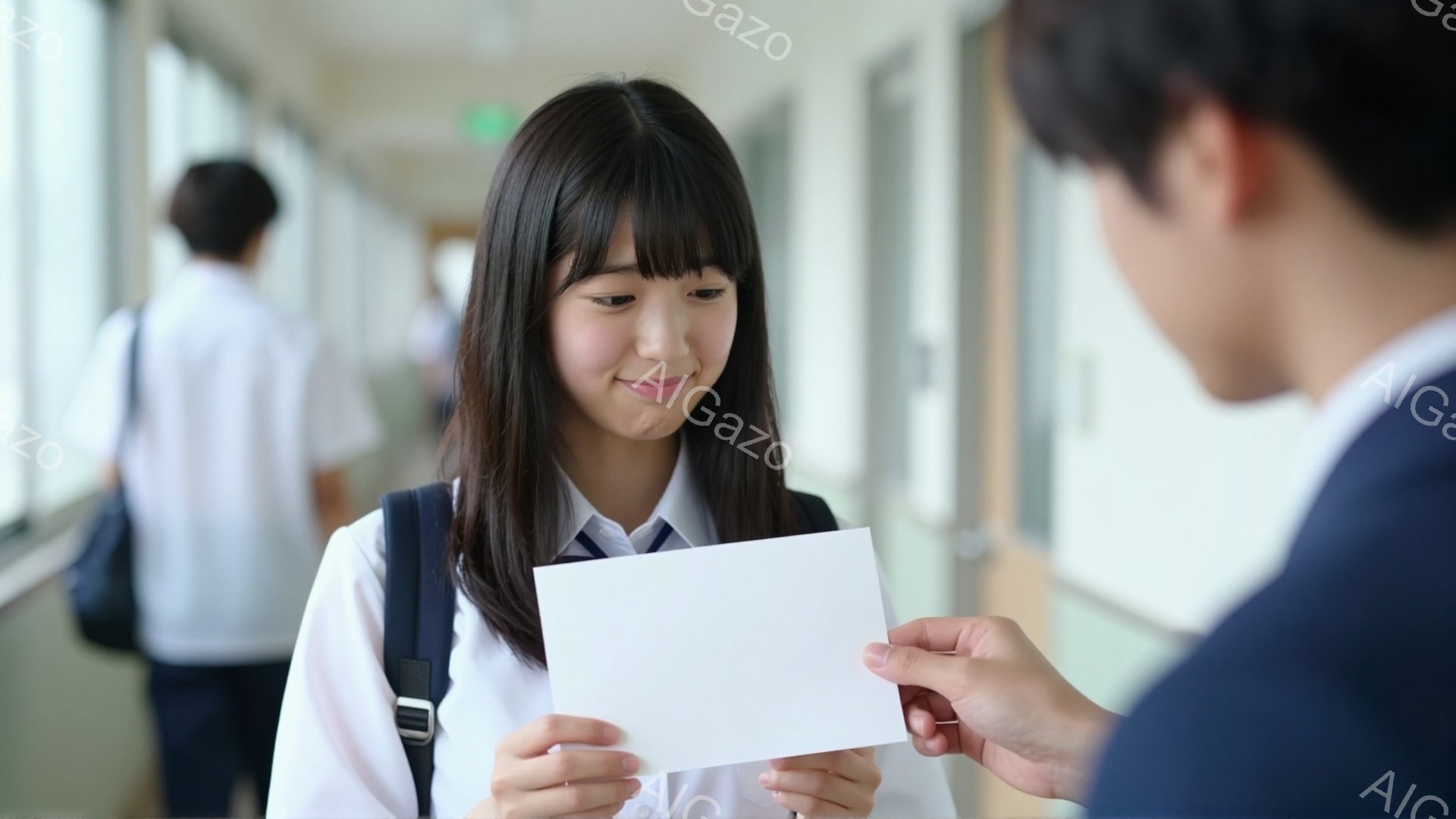 女子は黒髪で前髪が目にかかる髪型をしており、制服の上着は白、下着は濃い青色です。彼女は微笑んでおり、誰かから白い紙を受け取ろうとしています。背景は学校の廊下で、他の生徒もぼんやりと見え、明るく清潔な印象を与えます。