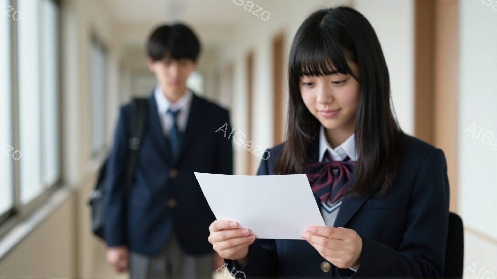 制服を着た女子生徒が白い紙を手に持ち、真剣な表情で読み込んでいる。彼女は黒髪で前髪がぱっつんカット、ネクタイは赤と紺色のチェック柄だ。背景には制服を着た男子生徒がぼんやりと見え、二人とも学校の廊下で立っているように見える。