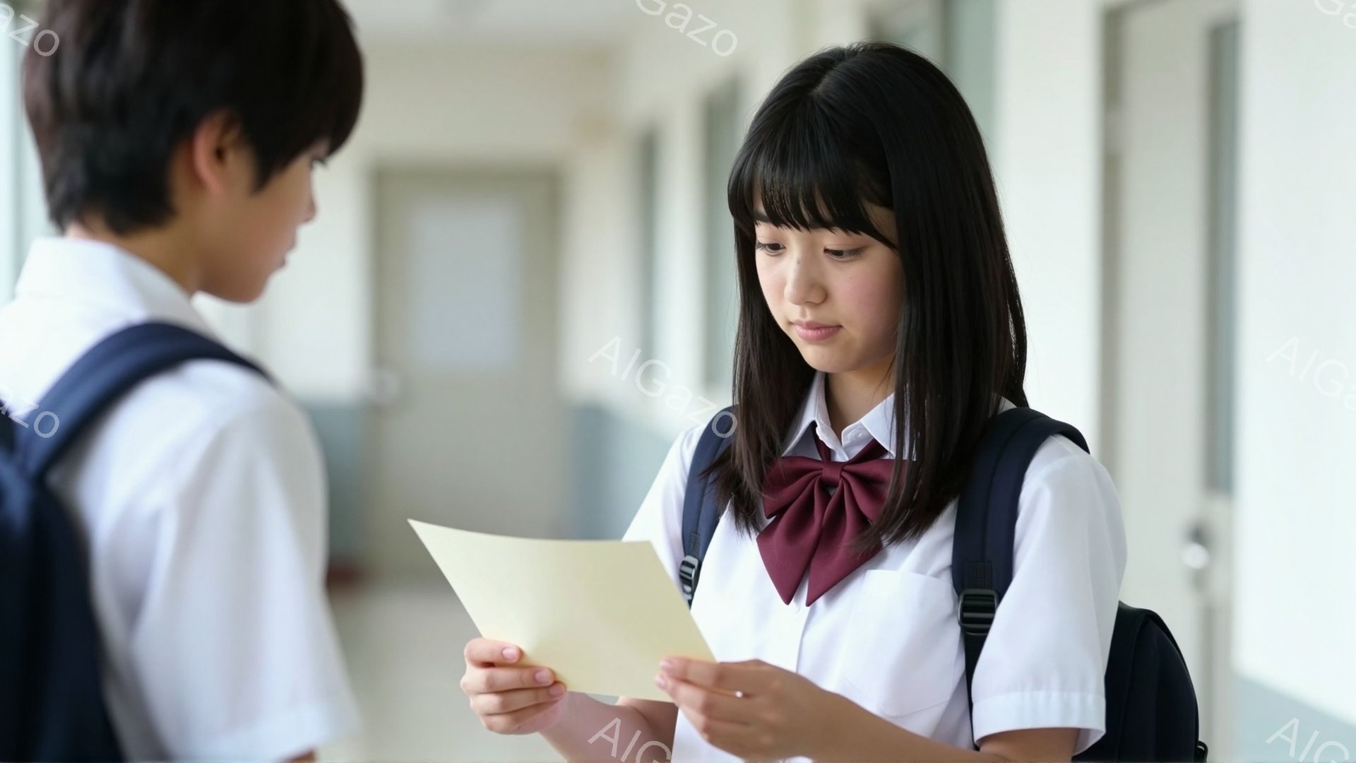 制服を着た女子高生が、何かの書類を真剣な表情で見ています。彼女は黒髪で前髪を少し長めに残し、赤いリボンを締めています。背景は学校の廊下で、男子生徒が彼女と向き合って立っています。