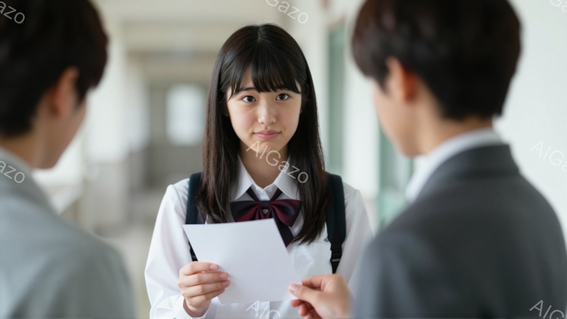 画像には、制服を着た女子学生が写っています。彼女は白いシャツに濃い青と灰色のリボンタイ、ブレザーを着ており、髪は短く、前髪は眉毛にかかっています。彼女は書類を両手で持ち、少し控えめな表情で、両側に男子学生が立っています。