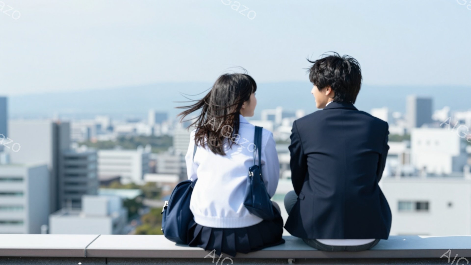 二人の学生が、背中合わせに屋上の縁に座っています。女子生徒は白いシャツに紺色のスカート、男子生徒は黒いスーツを着ており、どちらもリュックサックを背負っています。背景には、高層ビル群と霞んだ海が見え、晴れた空の下、静かで少し物憂げな雰囲気が漂っています。
