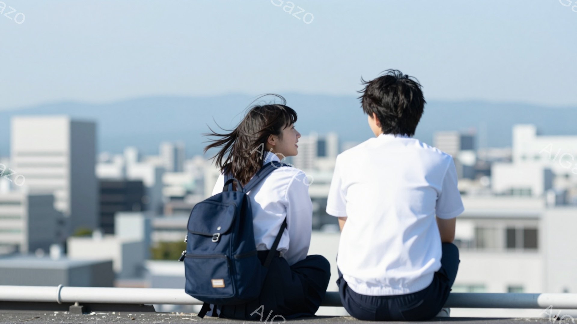 制服を着た女子生徒と男子生徒が、屋上の縁に並んで座っている。女子生徒は長い髪を後ろでまとめ、街並みを眺めている。背景には高層ビル群と薄い霞がかかった山々が広がり、晴れた日の穏やかな雰囲気が感じられる。