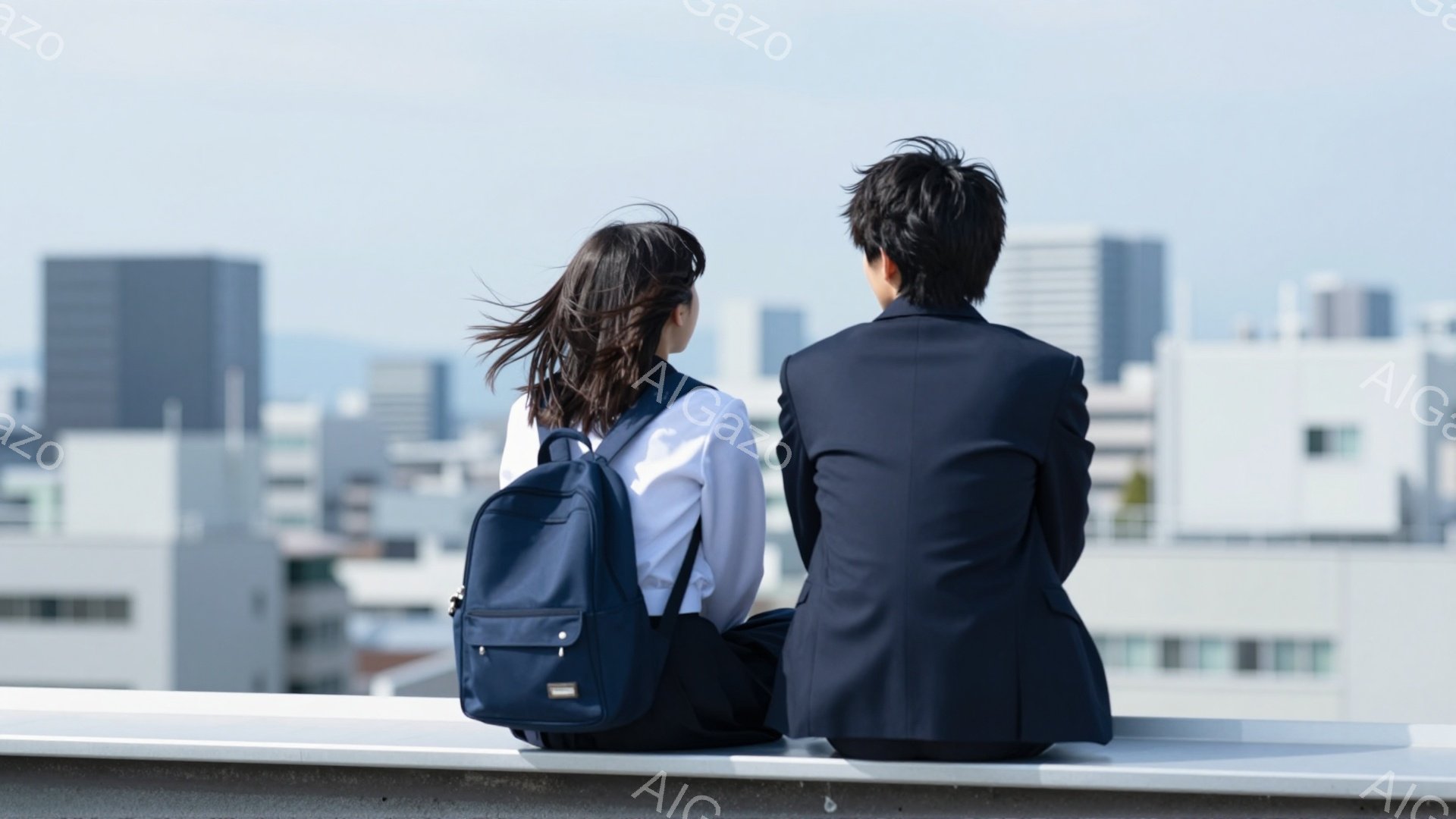 制服を着た女子学生と、紺色のスーツを着た男子学生が壁に並んで座っている。女子学生はロングヘアで、紺色のリュックを背負い、男子学生は黒髪で、背中を向けているため表情は読み取れない。背景には高層ビル群が広がり、晴天の下、どこか物憂げな雰囲気が漂う。
