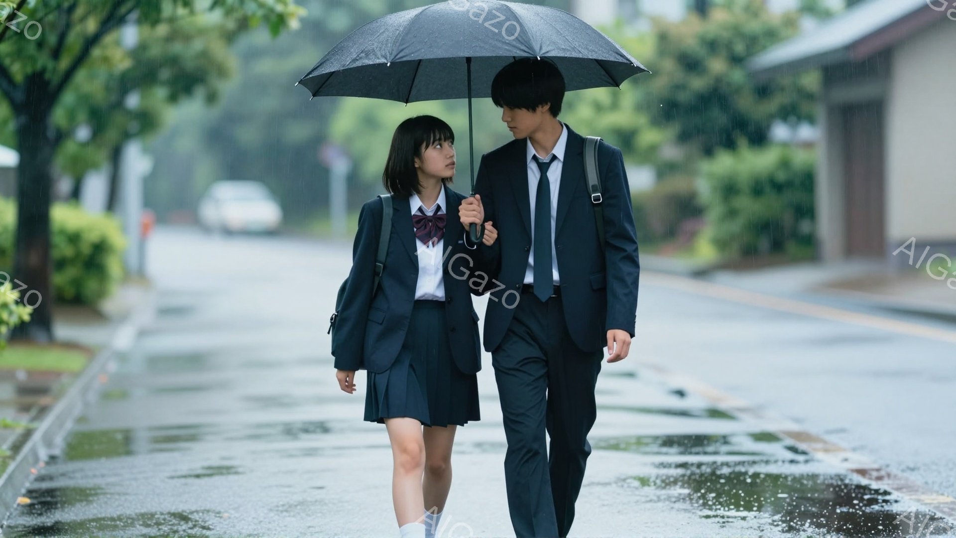 制服を着た女子高生と男子高校生が、雨の中並んで歩いている。女子生徒は膝丈のスカートと白いソックス、男子生徒は黒いスーツ姿で、どちらも少しうつむき加減で、憂鬱な表情をしているように見える。背景には緑豊かな木々や建物が見え、雨がアスファルトを濡らしていることから、湿った、少し寂しげな雰囲気が漂っている。