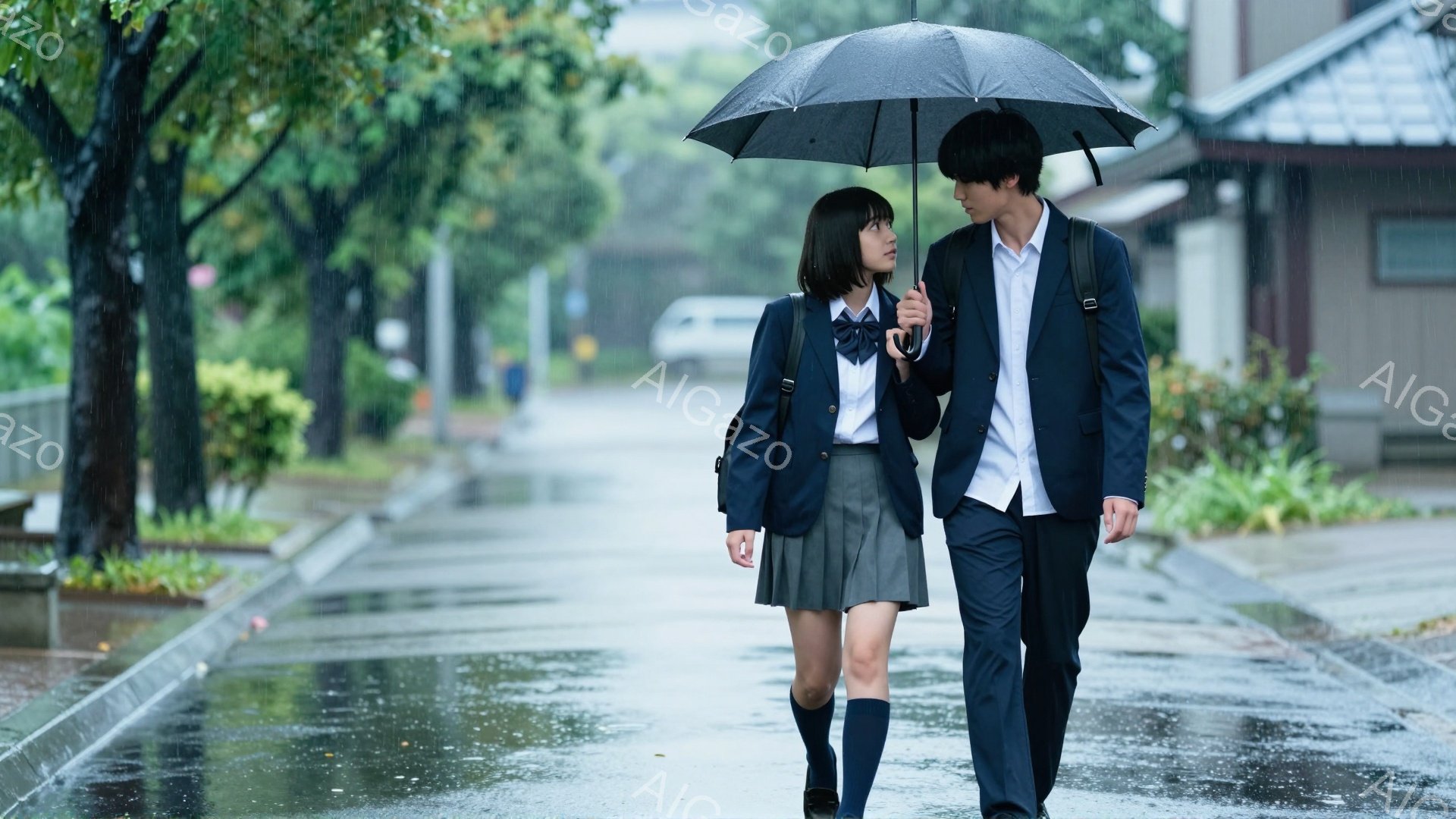制服を着た女子高生と男子高校生が、雨の中並んで歩いている。女子高生は膝丈のスカートにソックス、男子高校生は紺色のブレザーに白いシャツを着ており、二人は黒い傘を共有している。背景には住宅や緑豊かな木々が見え、雨で濡れた路面が少し寂しげな雰囲気を醸し出している。