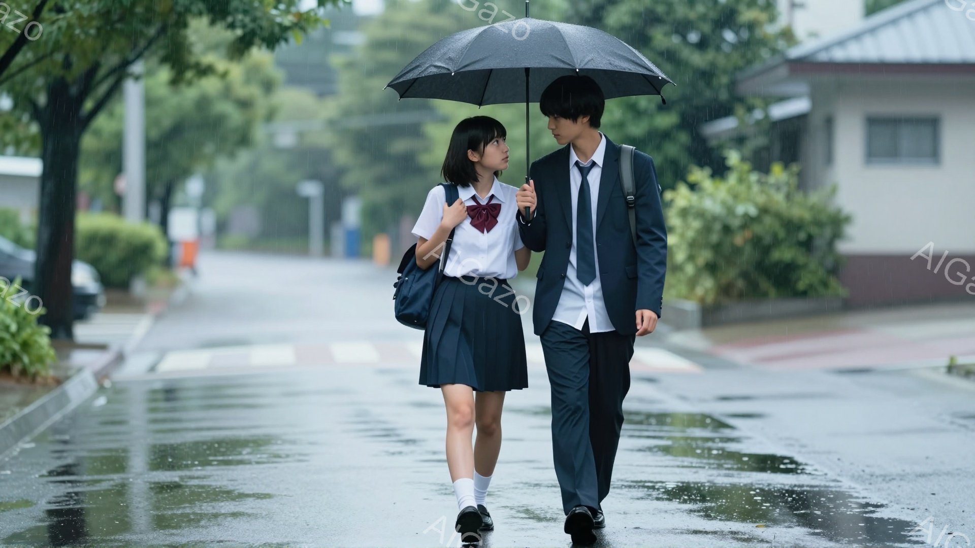 制服を着た女子高生と男子高校生が、雨の中、寄り添って歩いている。女子高生は紺色のスカートと白いブラウス、赤いリボンを着用し、長い髪を後ろでまとめており、少し下を向いた表情をしている。男子高校生は紺色の - AI生成フリー素材