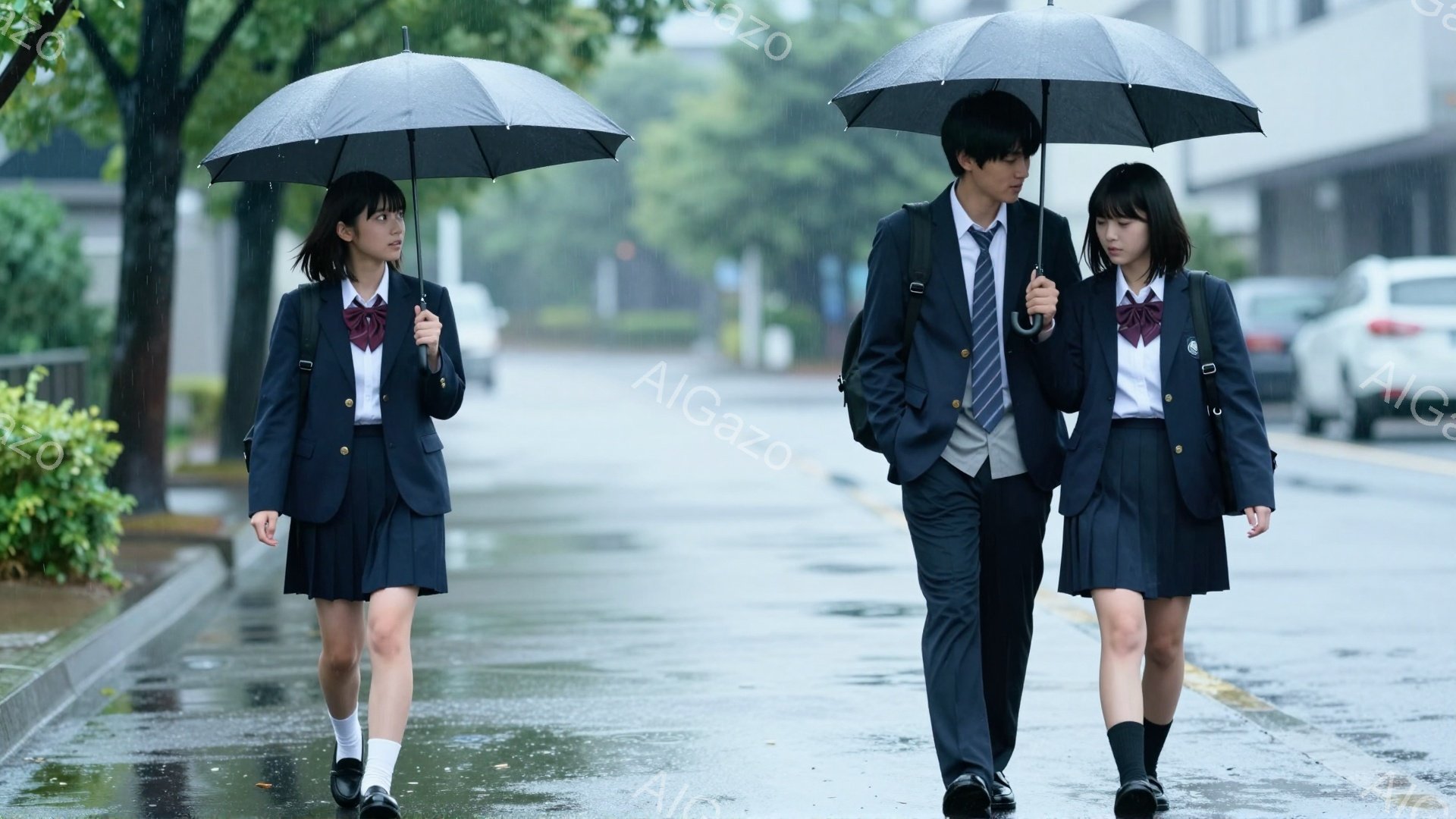 制服を着た女子高生二名と男子高校生一名が、雨の中を歩いている様子が写っている。女子生徒は紺色のブレザーにプリーツスカート、白いソックス、黒いローファーを履き、赤いネクタイを締めている。男子生徒は紺色のスーツに白いシャツ、ネクタイを締めており、皆同じ方向を見て、少しうつむき加減で歩いている。