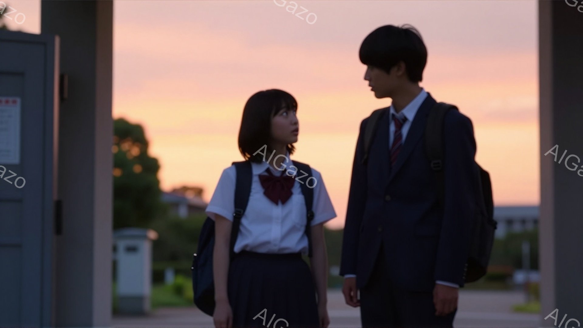 制服を着た女子高生と男子生徒が並んで立っている。女子生徒は短めの黒髪で、赤いリボンと白いブラウス、紺色のスカートを着用し、少し不安そうな表情をしている。背景は夕焼け空の下の学校の校舎や緑地で、薄暗い光の中で二人はどこかを見つめているような雰囲気である。