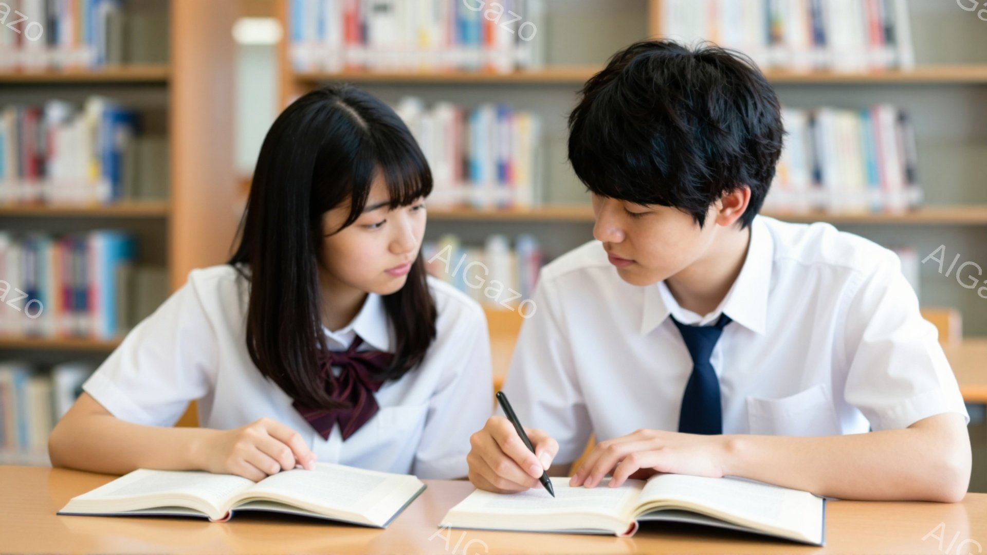 制服を着た女子高生と男子高校生が図書館で並んで本を開いて勉強している様子が写っている。女子生徒は黒髪を肩まで伸ばし、赤いネクタイを締めており、少し眉間にしわを寄せ、真剣な表情で本を見ている。男子生徒は黒髪で、青いネクタイを締め、ペンを手に持ち、本に書き込みながら集中している。