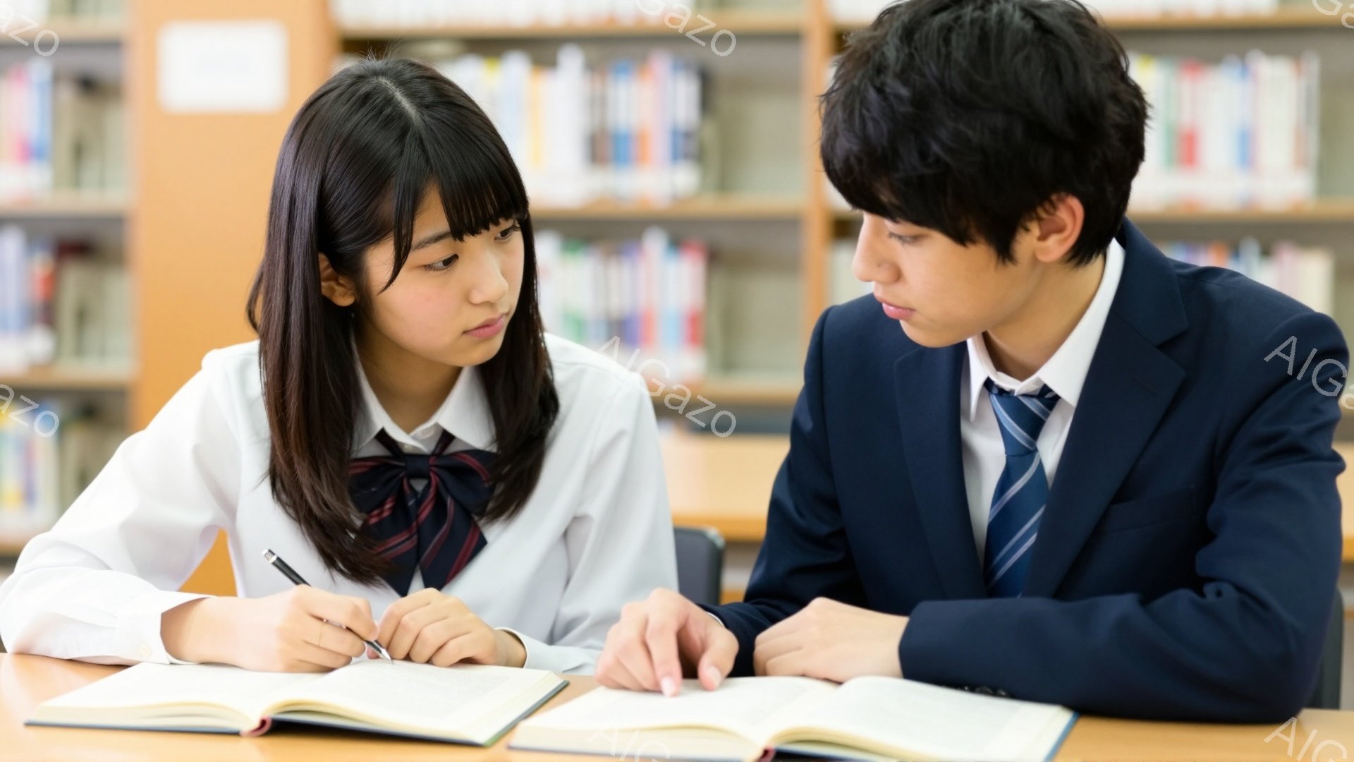 制服を着た女子生徒と男子生徒が図書館で机を挟んで座り、開いた本を見つめている。女子生徒は黒髪で前髪が目にかかり、少し眉間にしわを寄せている。男子生徒は紺色のブレザーにネクタイ、黒髪で少し前かがみになり、本を指し示している様子から、互いに学習について議論している雰囲気である。