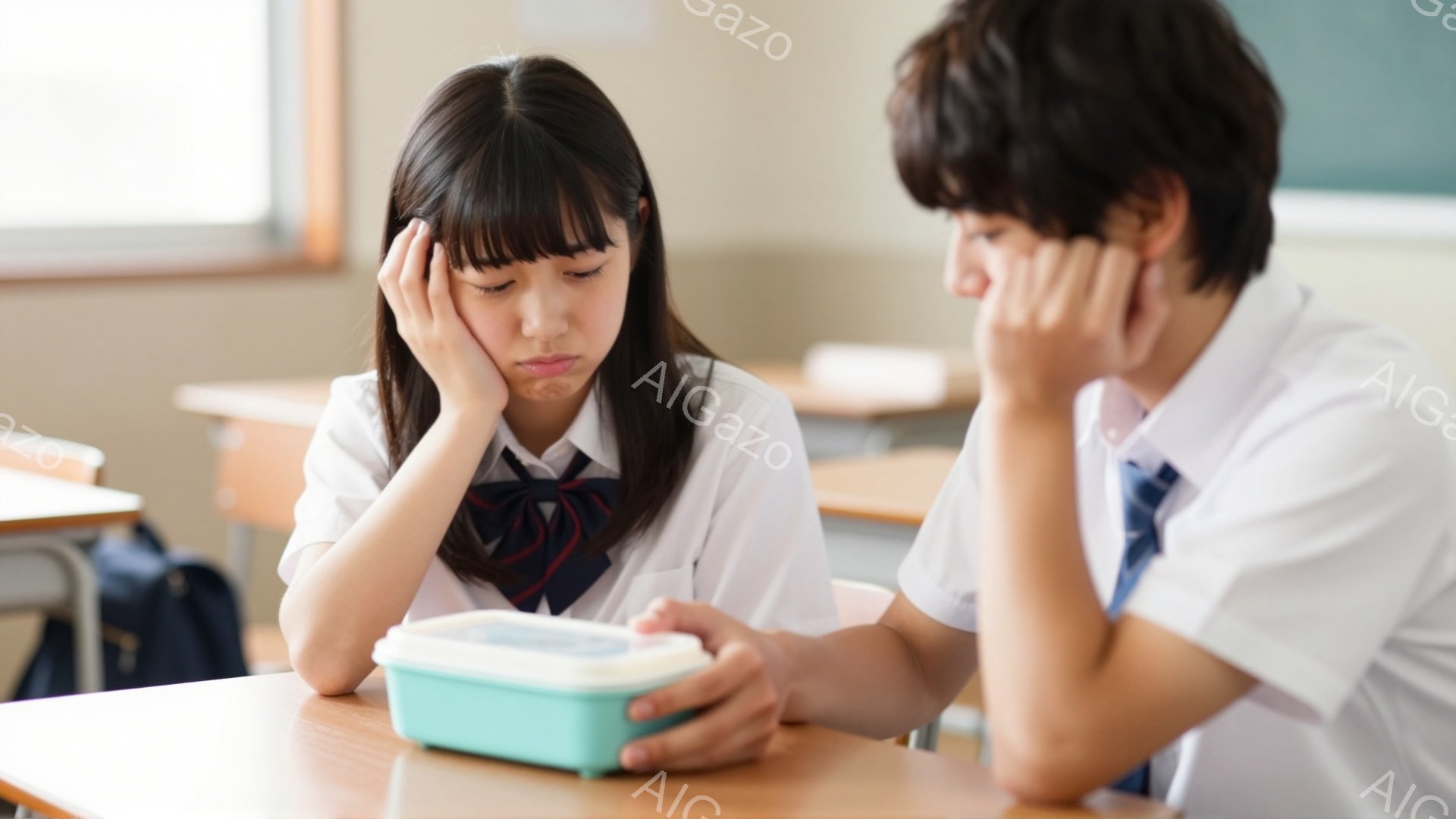 制服姿の女子生徒が、ややうつむき加減で顔を手に当てています。彼女の前に、青い弁当箱が置かれており、男子生徒はそれを手に持っていますが、どこか物憂げな表情をしています。教室内の机と椅子の配置から、学校のランチタイムの様子であることが分かります。