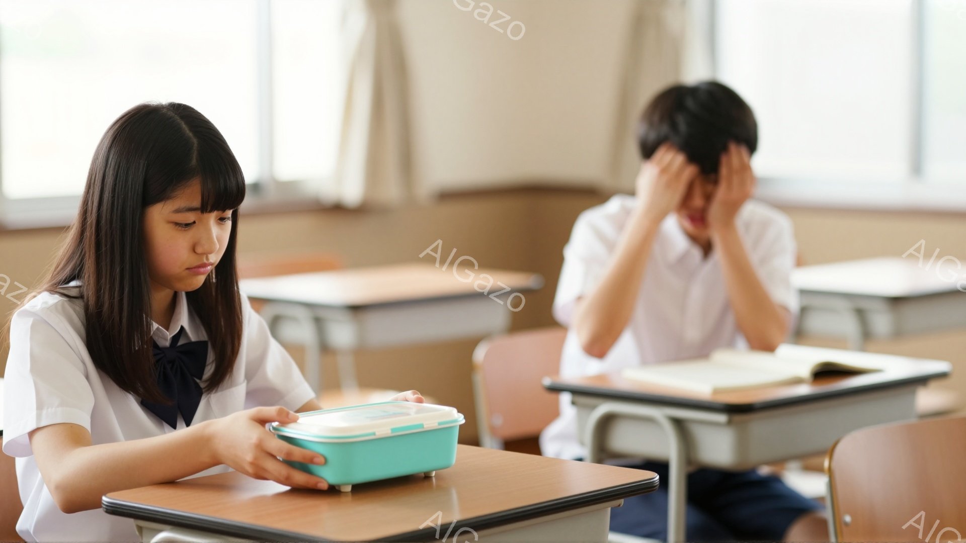 画像には、教室の様子が写っています。一人の少女は、少し悲しそうな表情で、緑色の弁当箱を手に持っています。背景には、机と椅子が並び、別の少年は顔を両手で覆って座っています。