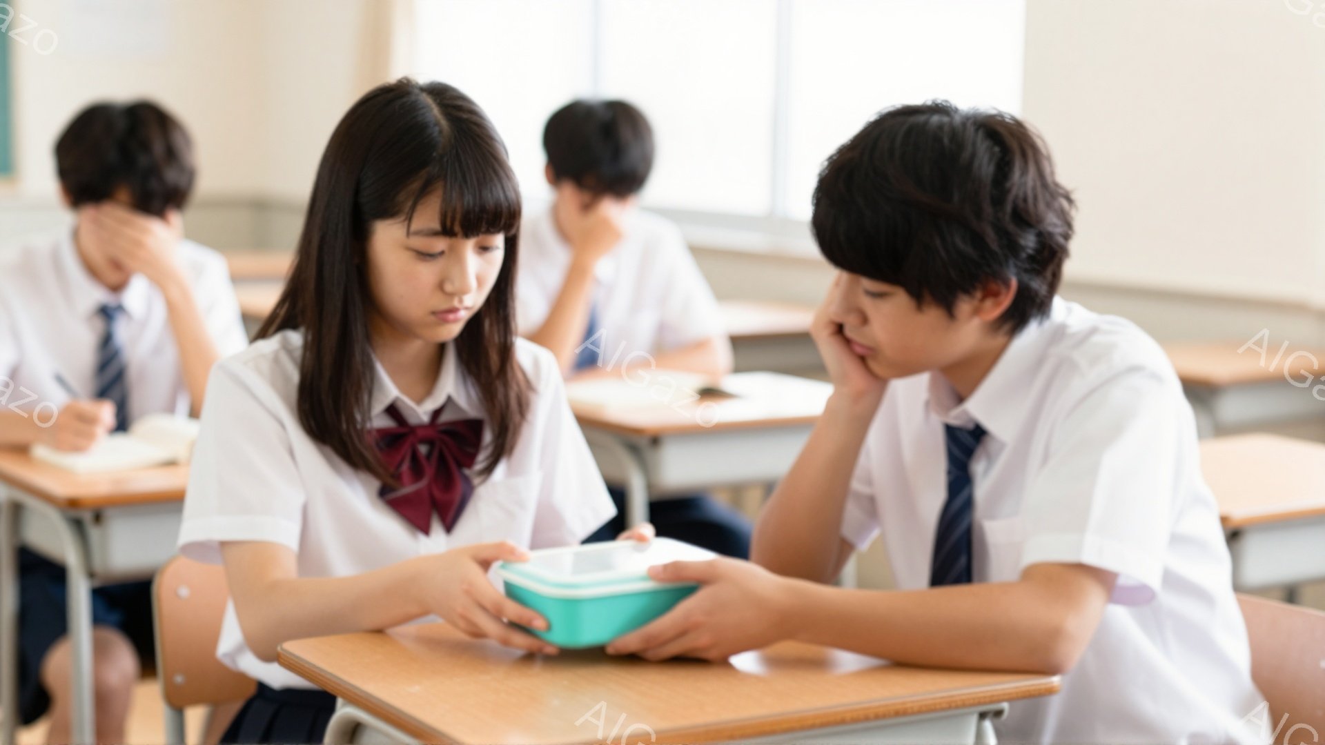 制服姿の女子生徒が、緑色の弁当箱を男子生徒に差し出している様子が描かれています。女子生徒は黒髪で前髪を少し短くカットし、少し憂いのある表情をしています。教室の奥には他の生徒も座っており、机の上には教科書や筆記用具が置かれ、静かで穏やかな雰囲気が漂っています。