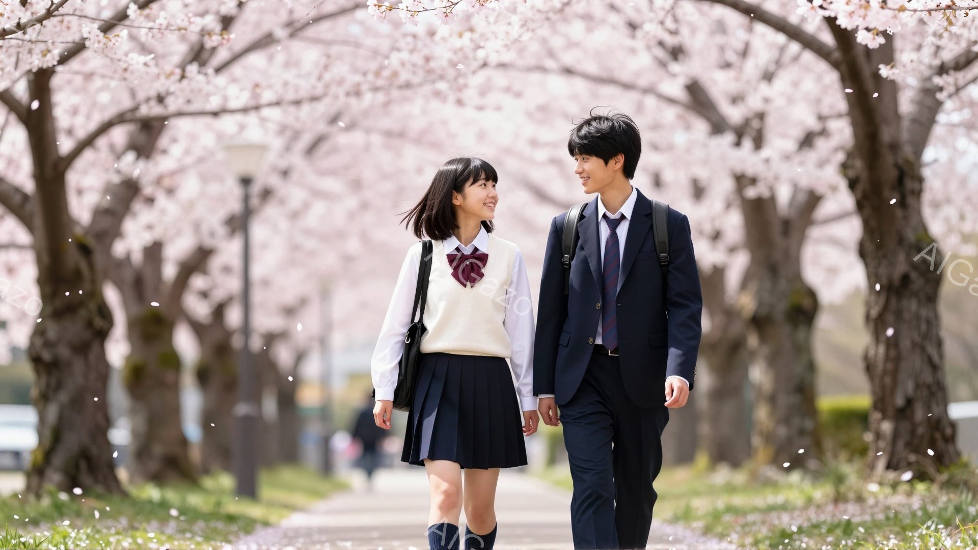 画像には、桜並木を歩く女子高生と男子高生の姿が写っています。女子高生はセーラー服にネクタイ、男子高生はスーツを着ており、それぞれ肩にカバンをかけています。二人は笑顔で互いを見つめ合い、春の暖かさと桜の - AI生成フリー素材