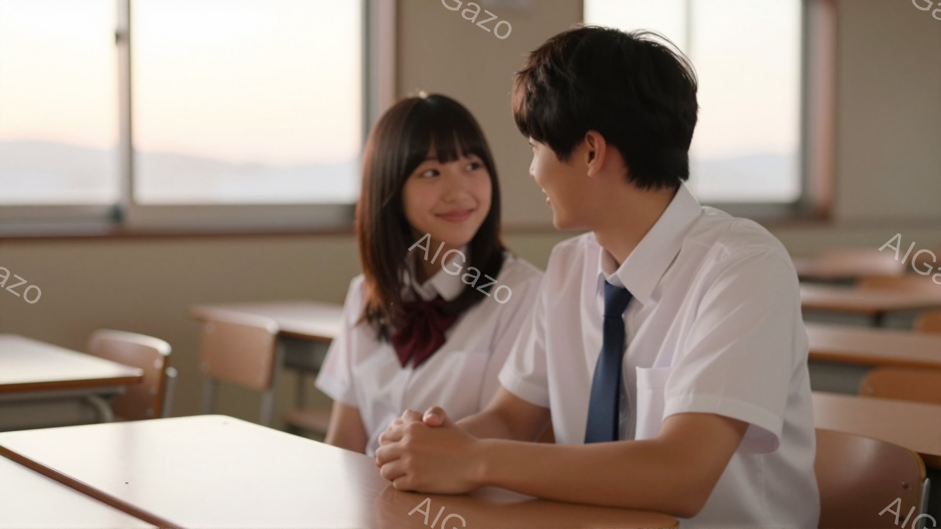 制服を着た女子生徒と男子生徒が教室で向かい合って座っています。女子生徒は長い茶色の髪で、少し微笑んでいます。男子生徒はネクタイを締め、彼女のほうを見ており、二人の間には穏やかで親密な雰囲気が漂っています。