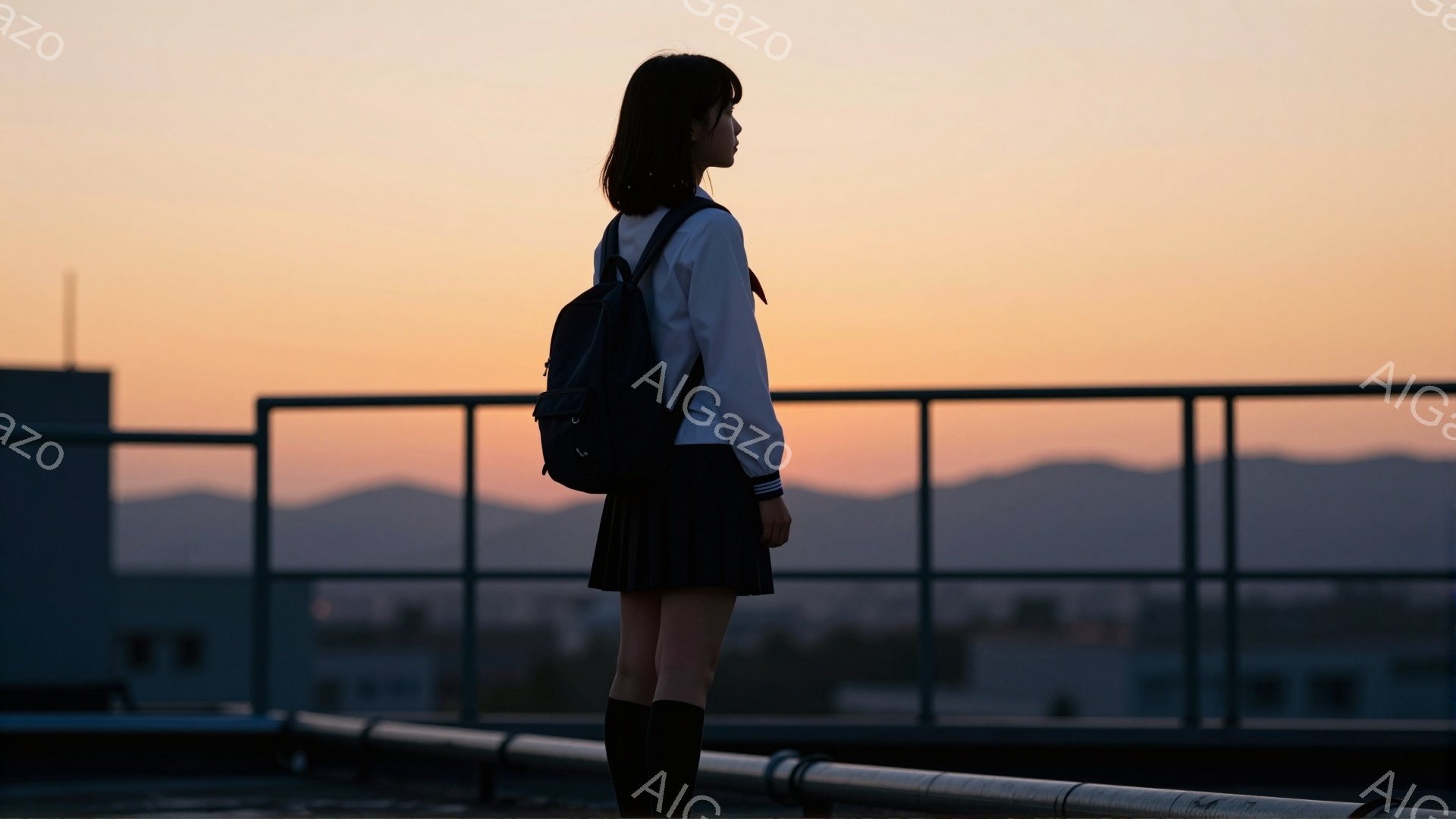 紺色の長い髪を後ろで束ねた少女が、制服姿で屋上の柵にもたれて遠くを見つめている。彼女は白いシャツに黒いスカート、膝下まで伸びる黒いソックスを履き、肩には黒いリュックサックを背負っている。背景には、夕焼けに染まる街並みと遠くの山々が広がり、物憂げな雰囲気を作り出している。