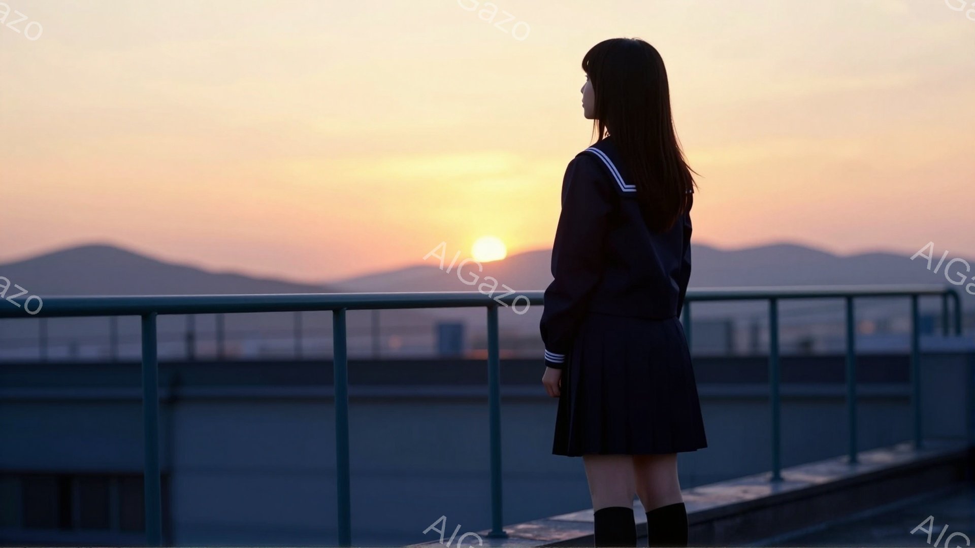 制服を着た少女が、夕焼けを背にして屋上に立っている。彼女は黒髪で、後ろ姿からは表情は読み取れないが、どこか寂しげな雰囲気が漂っている。背景には山並みがうっすらと見え、空はオレンジ色とピンク色に染まり、穏やかで物憂げな情景が広がっている。