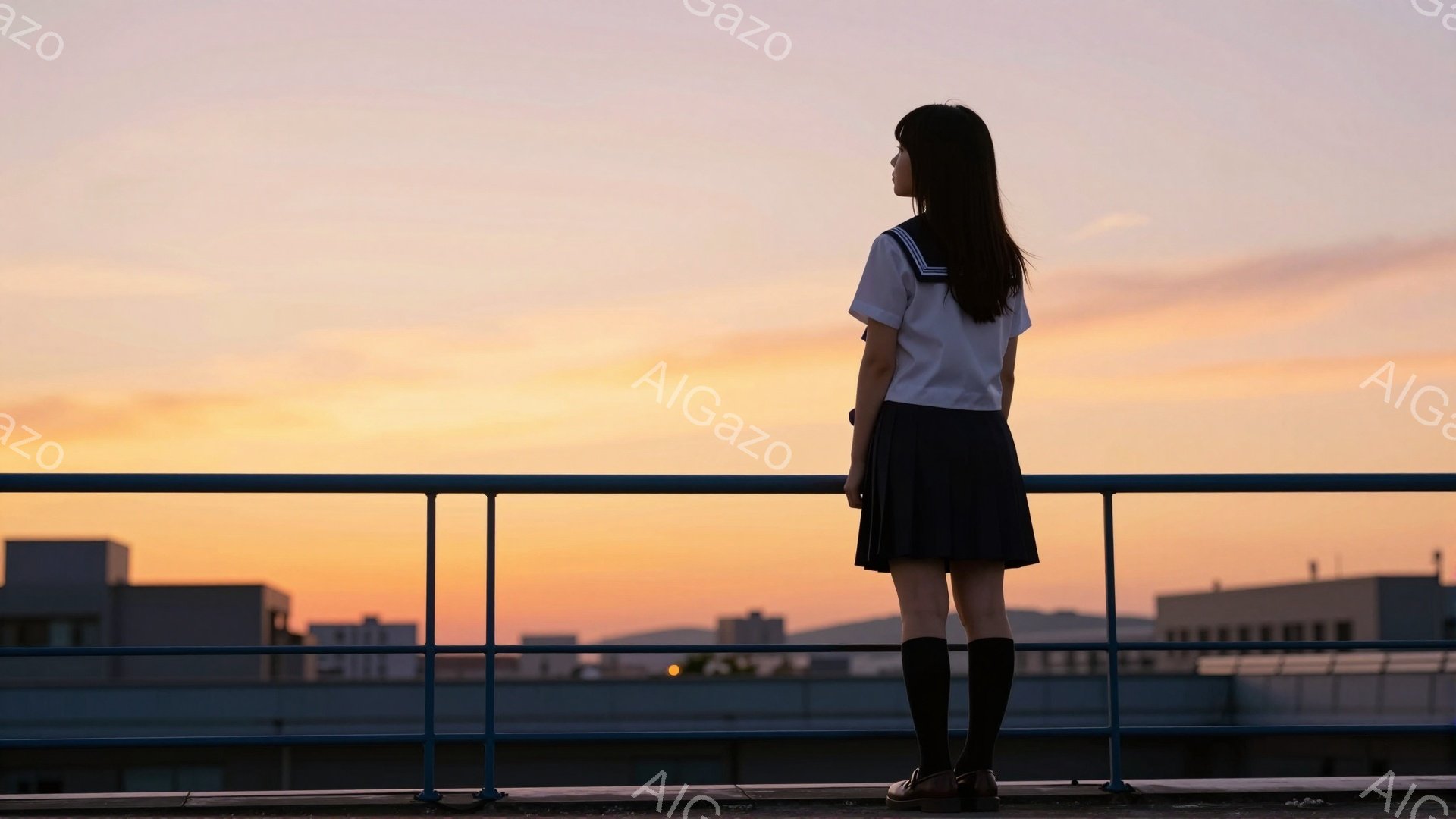 制服姿の少女が、夕焼けを背にして屋上の手すりに寄りかかっている。紺色のスカートと、膝上までの黒い靴下、黒い革靴を履き、長い黒髪が背中に流れている。背景には、夕焼けに照らされた建物群と空が広がり、物憂げな雰囲気を醸し出している。