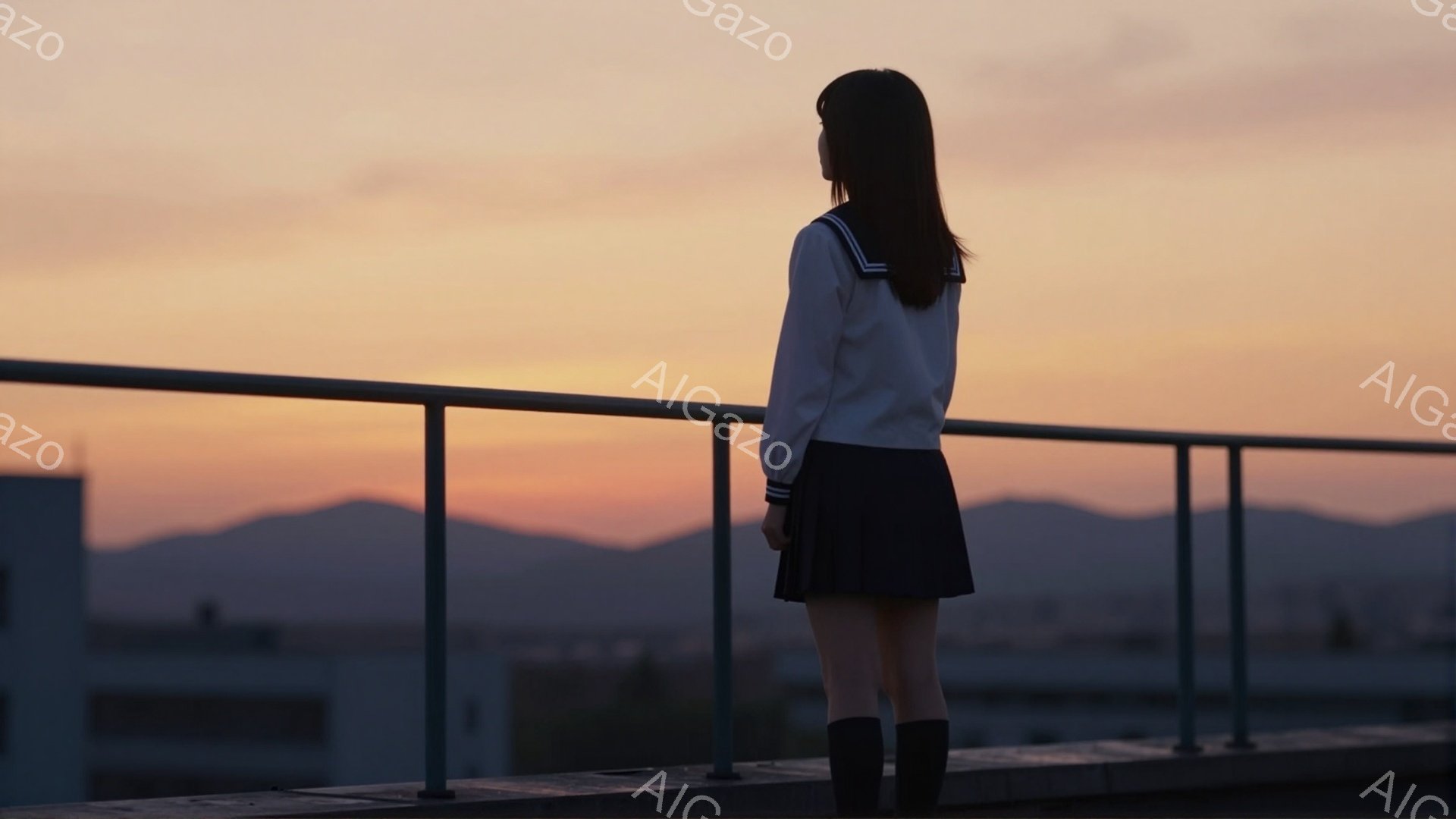 制服姿の少女が屋上の柵にもたれて遠くを見つめている。スカートはプリーツで、黒い靴下と革靴を履いている。背景には夕焼け空と山並みが広がり、穏やかで少し寂しげな雰囲気を醸し出している。