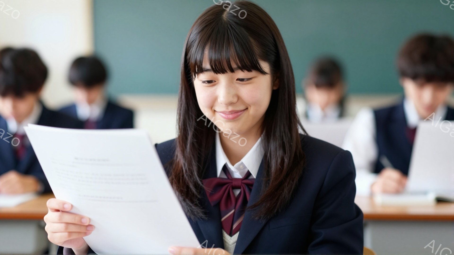 制服を着た女子学生が、試験問題と思われる紙を見つめて微笑んでいます。彼女は前髪を下ろしたロングヘアで、明るい表情をしています。教室には他の生徒たちもおり、皆が机に向かって何かを読んでいます。