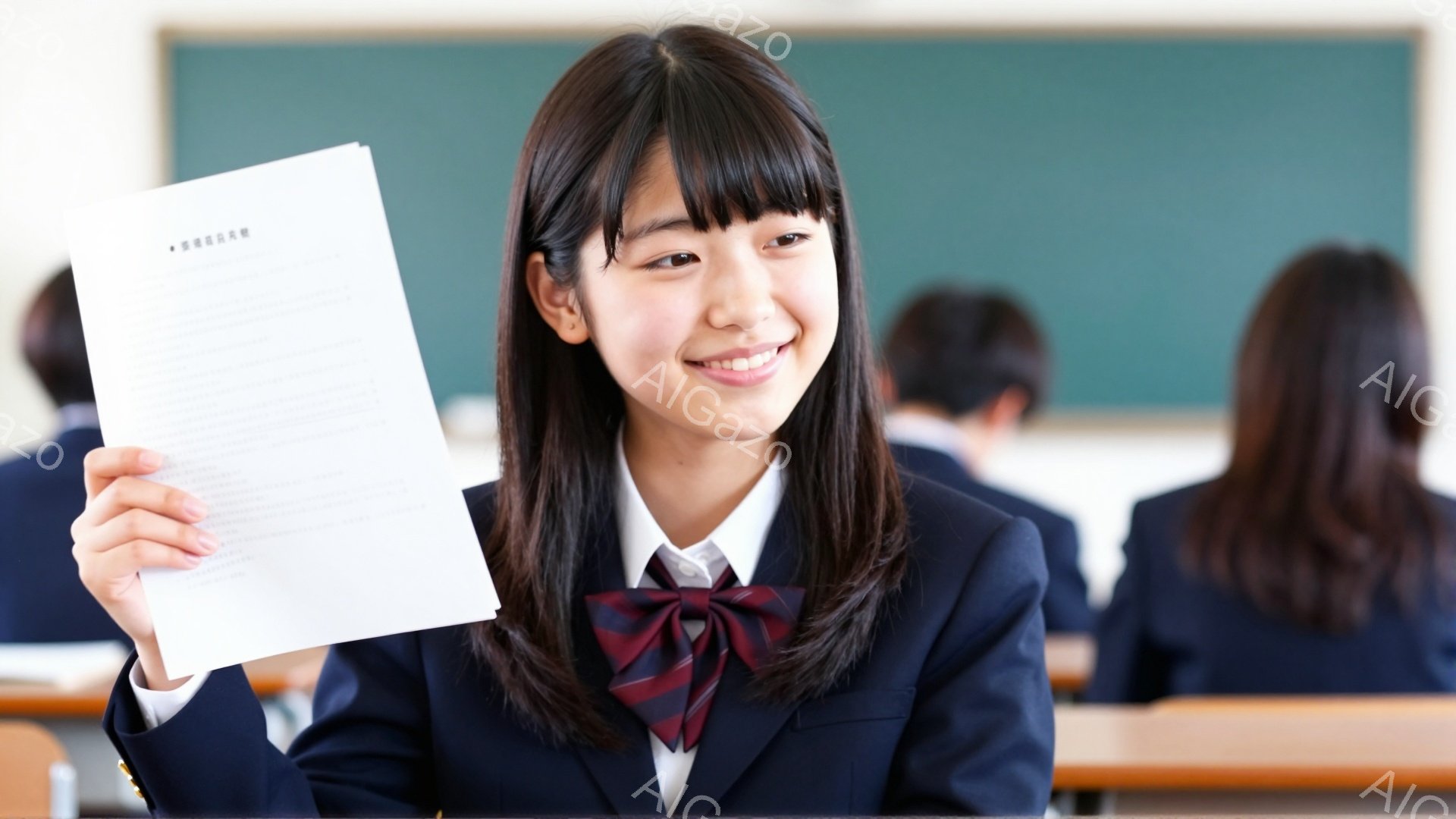 画像には、制服を着た女子高生が写っており、明るい笑顔で白い紙を掲げています。彼女は黒い髪を肩のあたりで切り揃え、紺色のブレザーと赤いネクタイを着用しています。背景には、他の生徒たちが座る教室がぼんやりと見え、学校の授業風景を彷彿とさせます。