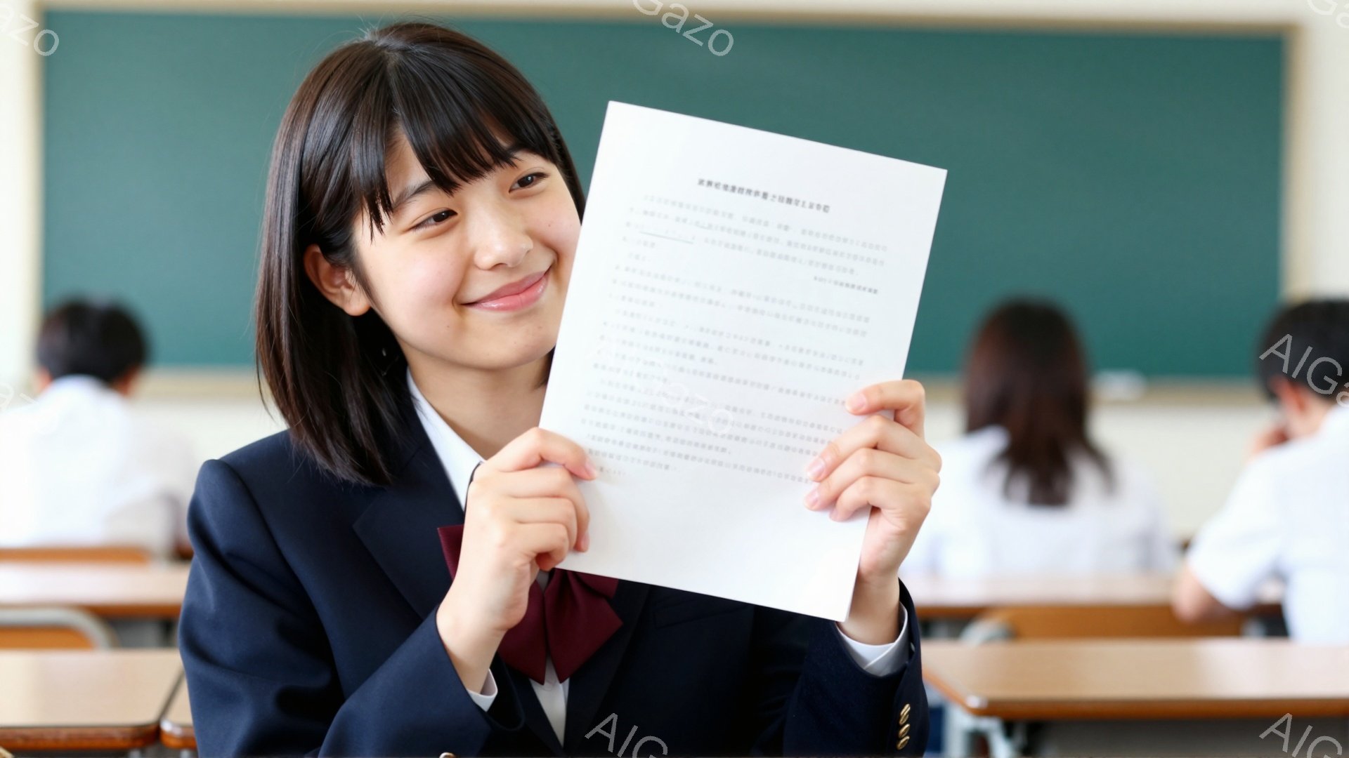 制服を着た女子学生が、紙を高く掲げて笑顔でこちらを見ている。彼女は黒髪のショートヘアで、赤いリボンがアクセントになっている。背景は教室で、他の生徒たちが座っており、明るく学習的な雰囲気が漂っている。
