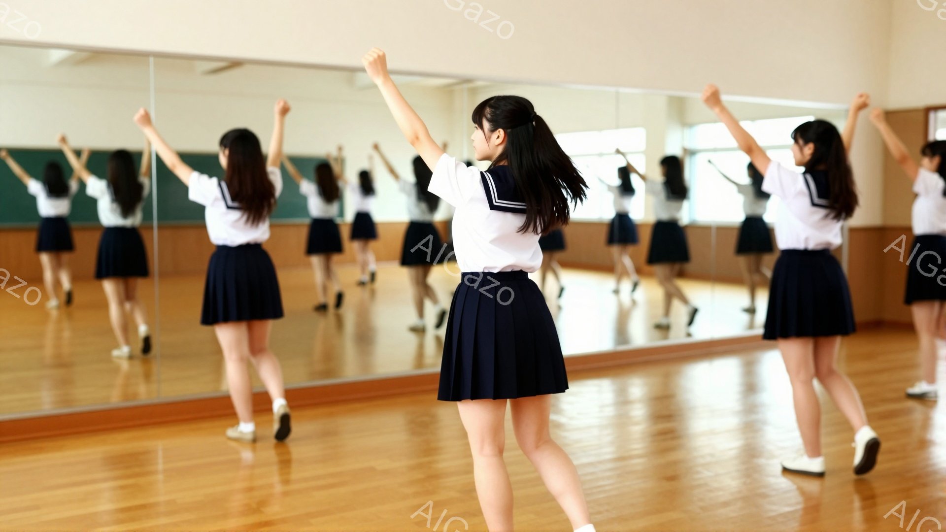 制服を着た女子学生たちがダンススタジオで練習している様子が写っている。白いブラウスに紺色のプリーツスカート、白い靴を履き、全員が両手を上げて体を伸ばしている。木製の床と壁一面の鏡が広がるスタジオは明るく、練習に集中できる空間となっている。