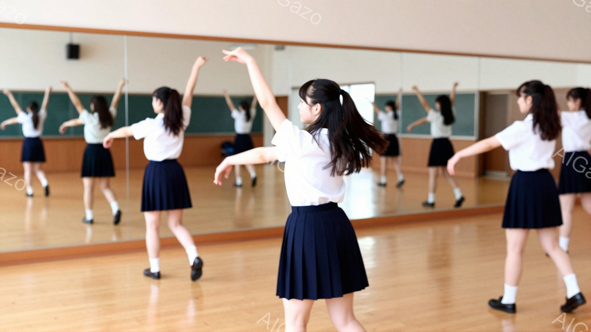 白いブラウスと黒のプリーツスカートを着用した女子学生たちが、ダンススタジオで練習しています。彼女たちは腕を広げ、優雅なポーズをとっており、鏡に映った姿が複数確認できます。明るい木製の床と壁一面の鏡が広がるスタジオは、清潔感があり、活気のある練習風景が伝わってきます。