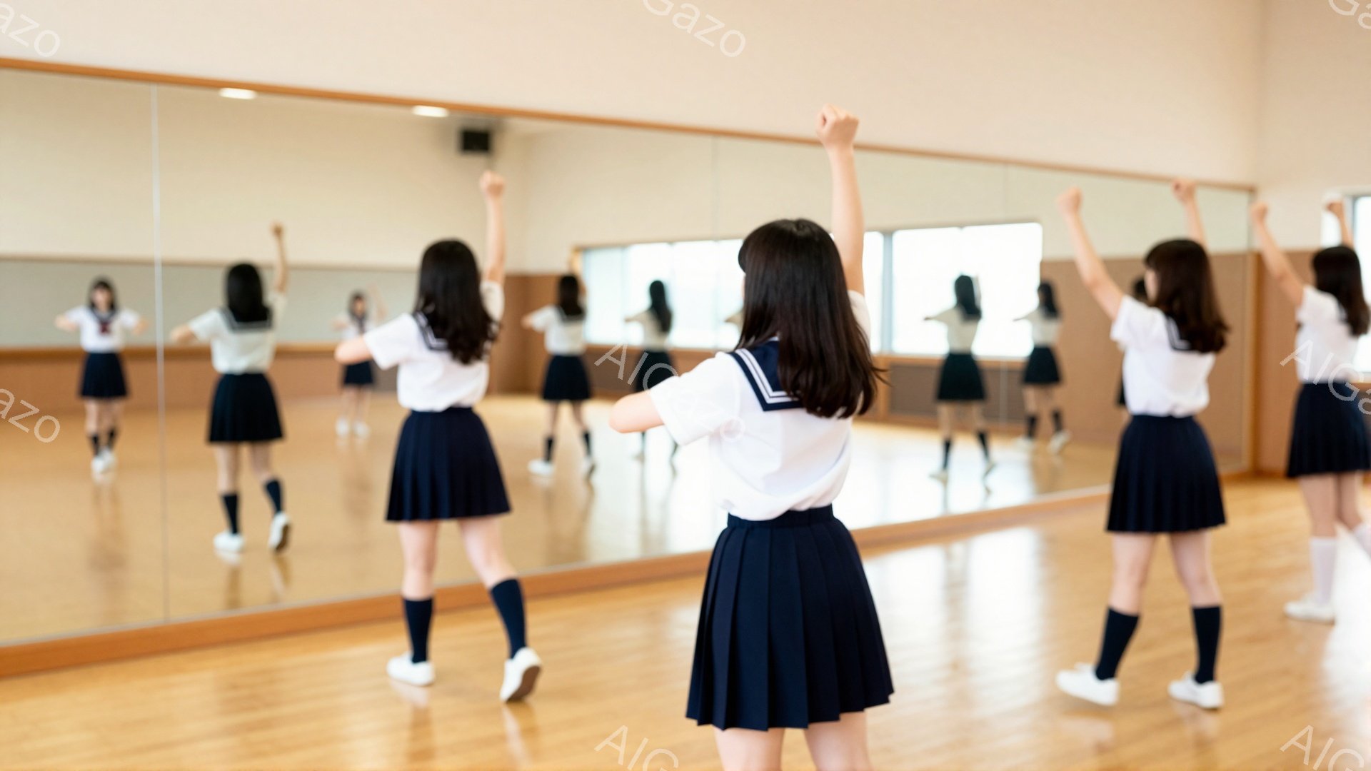 女学生たちが体育館のような場所で、揃って手を挙げて何かを練習している様子が写っています。紺色のスカートと白いセーラー服、黒い靴下と白のスニーカーを着用しており、髪は後ろで一つに結ばれています。鏡に映る姿が複数確認でき、床は木製で明るく、練習に集中している雰囲気が伝わってきます。