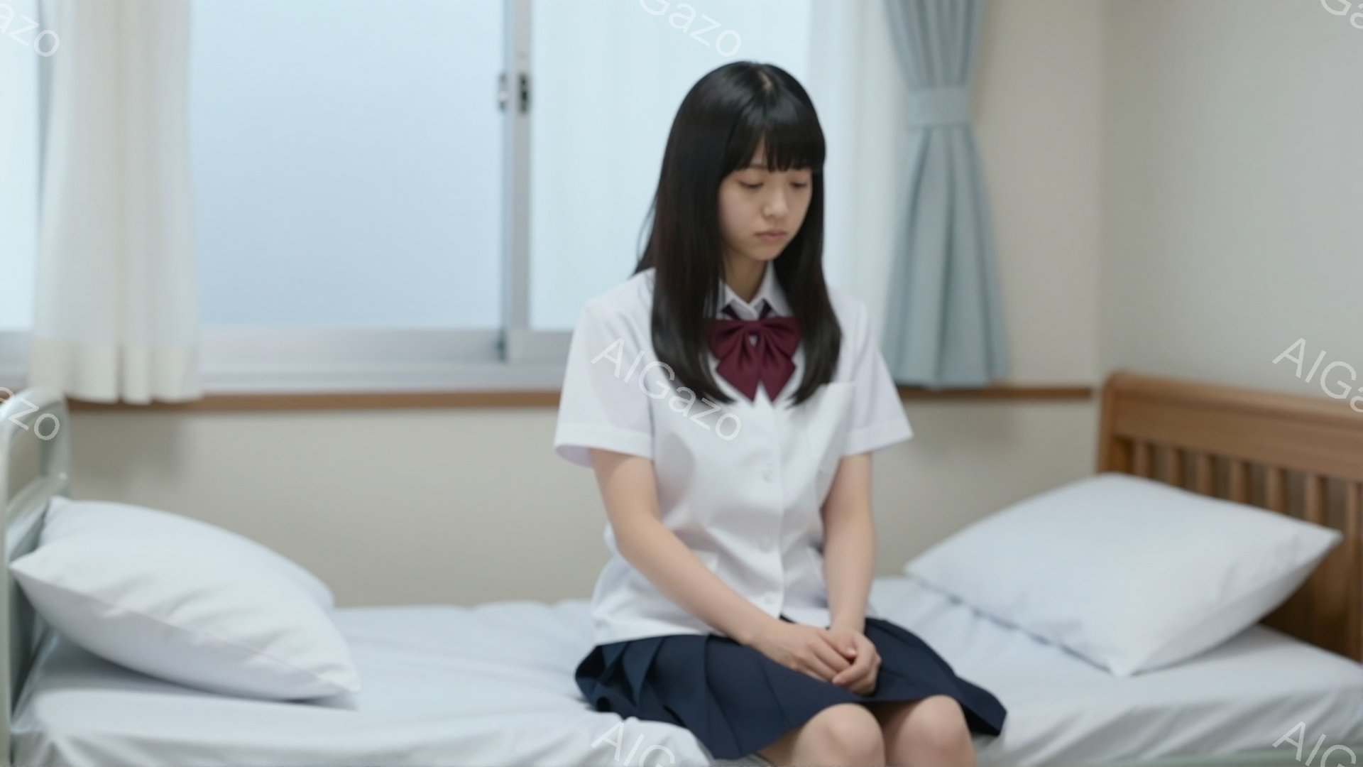 制服を着た若い女性がベッドに座っており、スカートと白いブラウス、赤いリボンが特徴的です。彼女はうつむき加減で、少し悲しげな表情をしています。背景には窓と薄いカーテンがあり、部屋はシンプルで落ち着いた雰囲気です。