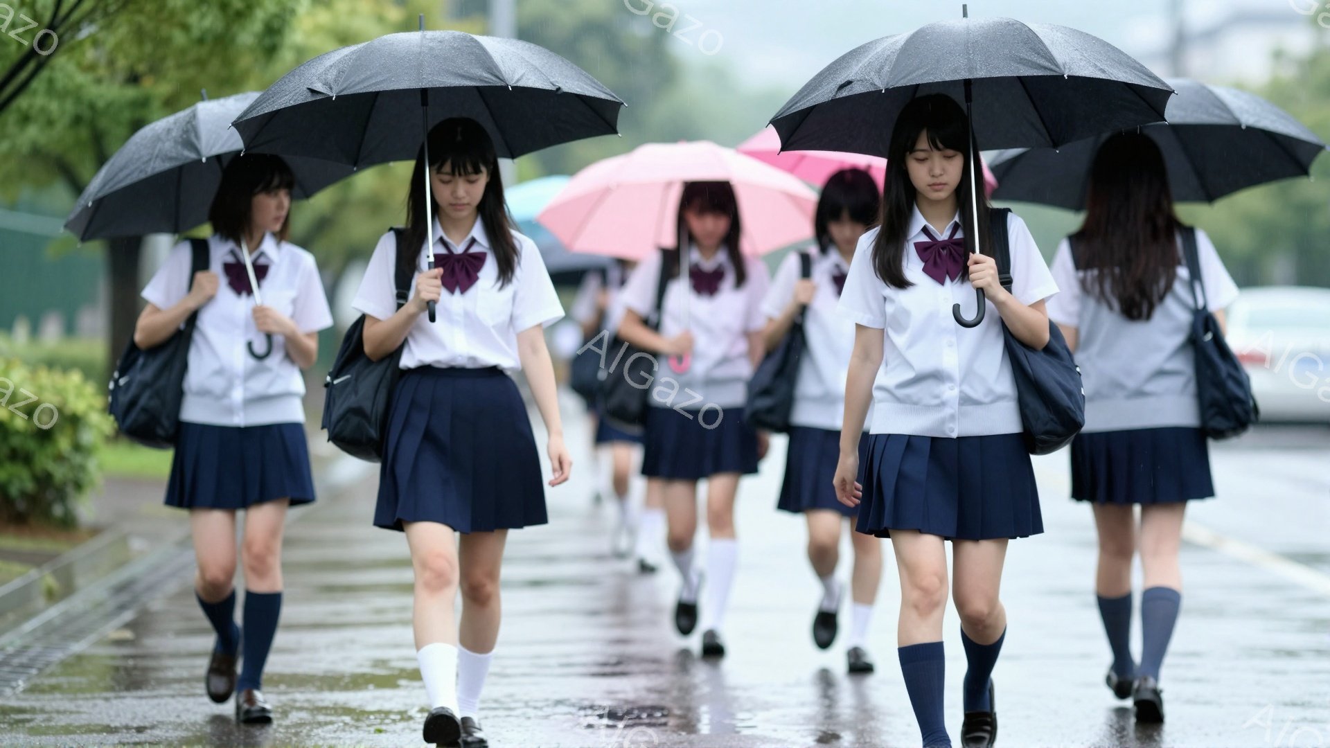 制服を着た女子学生たちが、雨の中を傘をさして歩いている様子が写っている。紺色のスカートと白いブラウス、濃い青色の靴下、黒いローファーという制服姿で、皆同じような髪型で、表情はやや無表情である。背景には緑の植生と道路、遠くに建物が見え、雨に濡れたアスファルトが光っている。