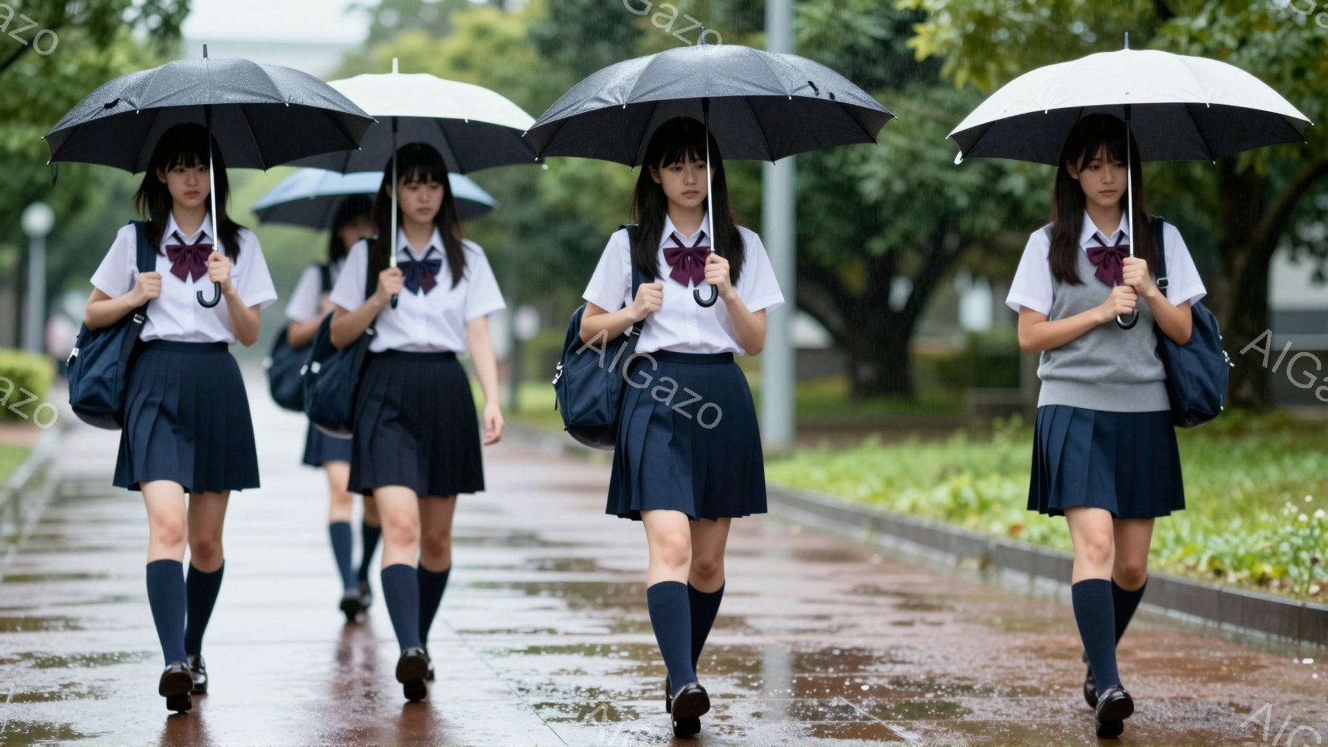 制服を着た女子高生数人が雨の中、傘をさして歩いている。紺色のスカートと白いブラウス、膝丈の靴下を着用し、肩にはリュックサックをかけている。背景には緑豊かな木々と雨に濡れた歩道が広がり、少し憂鬱な雰囲気が漂う。