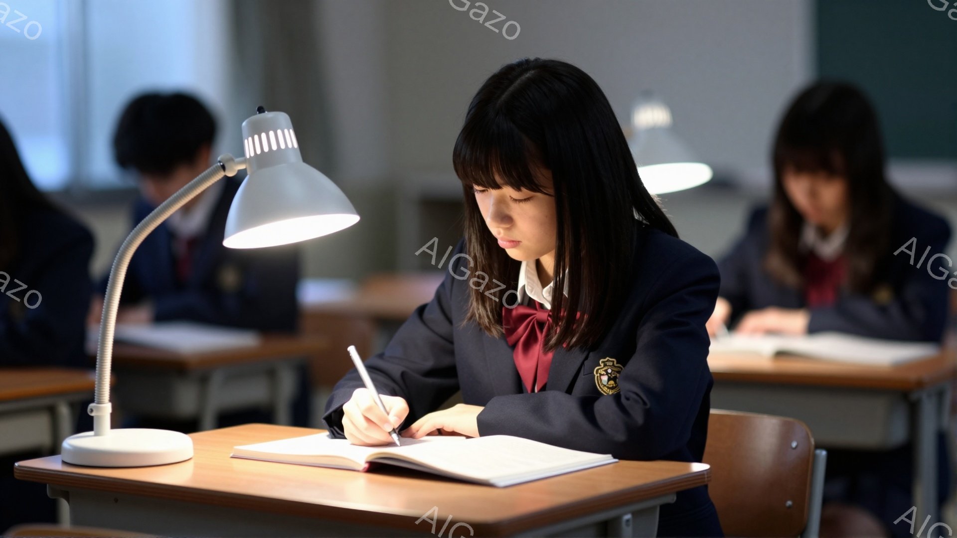 教室で、女子学生が机に向かって勉強している様子が描かれている。彼女は紺色のブレザーに赤いネクタイ、白いシャツを着ており、前髪を短く切った黒髪が特徴的だ。机の上には開いたノートとペンがあり、彼女は集中した表情で書き込んでいる。