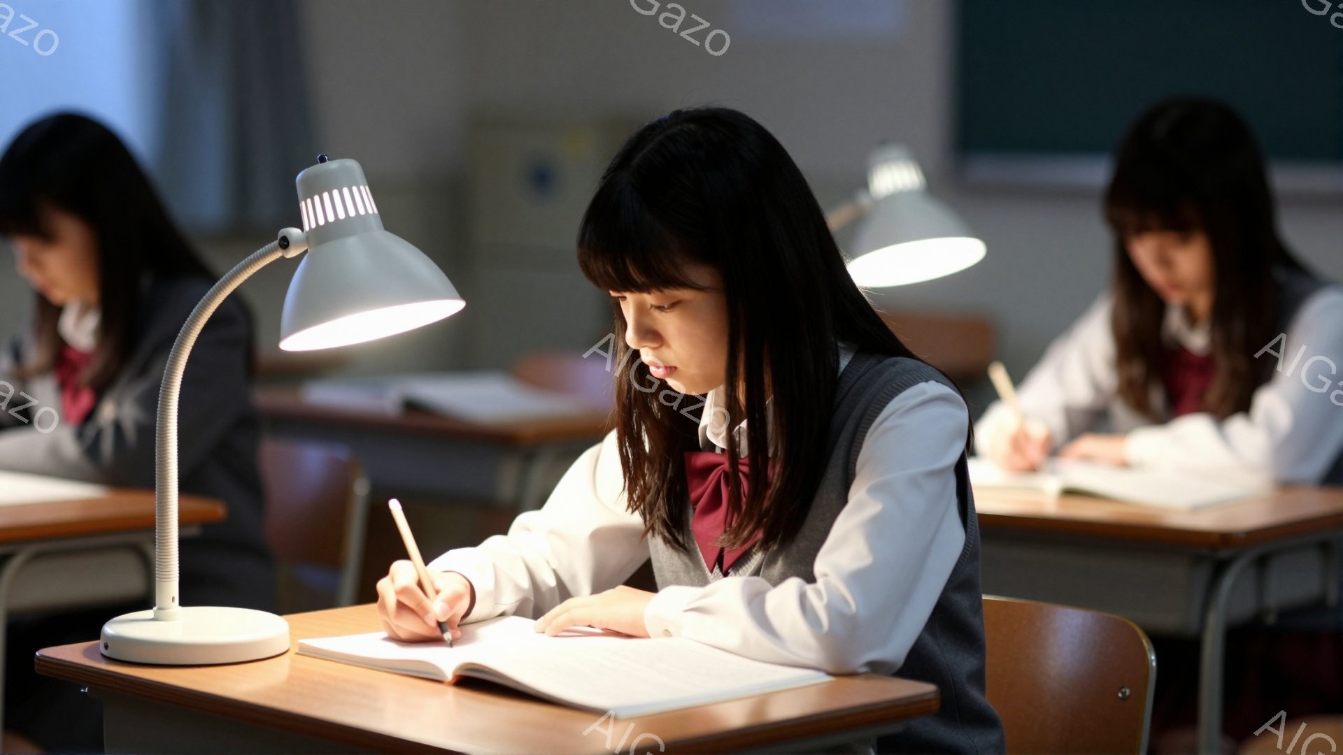 画像には、制服を着た女子学生が机に向かって勉強している様子が写っています。彼女は黒髪のボブヘアで、集中してペンでノートに書き込んでおり、顔は真剣な表情をしています。教室には他の生徒も座っており、それぞれの机にランプが設置され、学習に励む静かで集中した雰囲気が漂っています。
