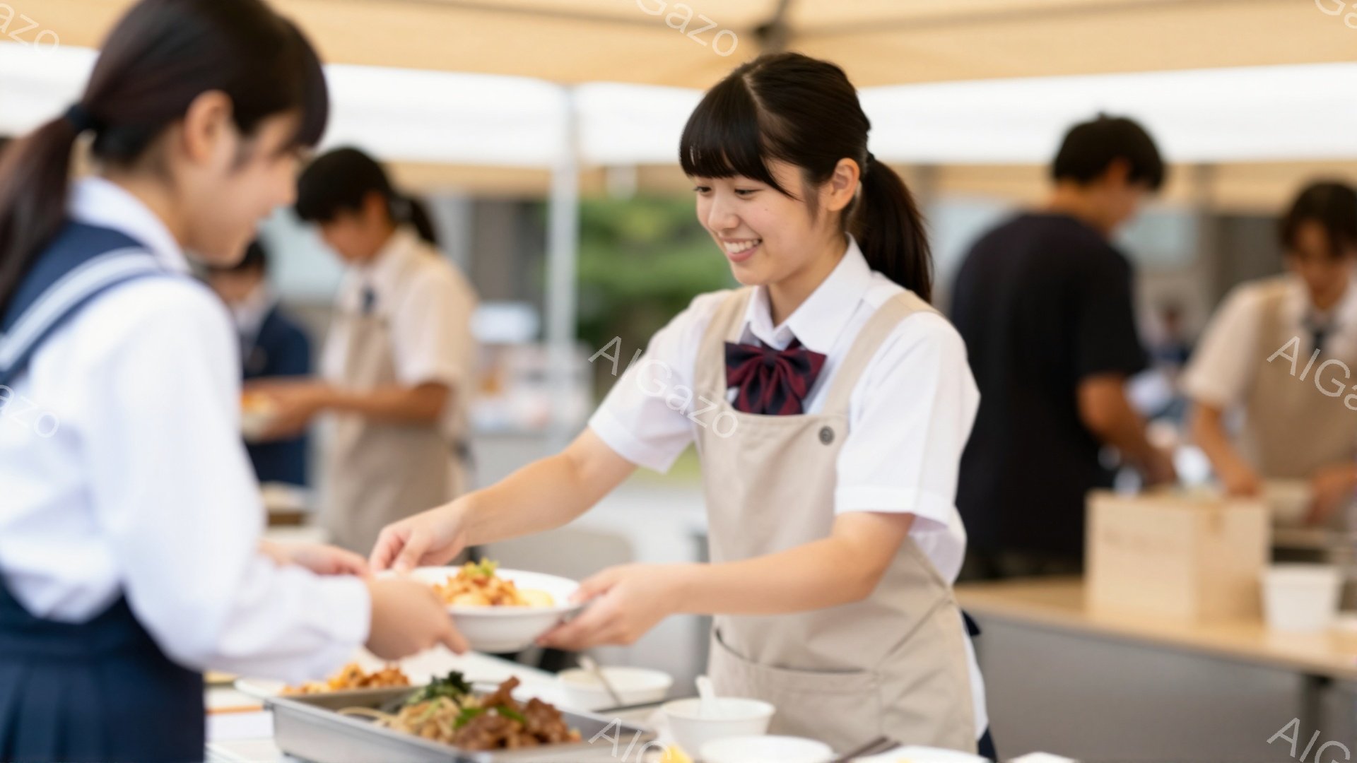 女子は制服にエプロンを付けて、配膳の列でご飯をよそっています。笑顔で、お客様に料理を渡す動作をしており、明るく活気のある雰囲気です。背景には他の生徒や配膳台が見え、屋外イベントか学校行事の様子であることがわかります。